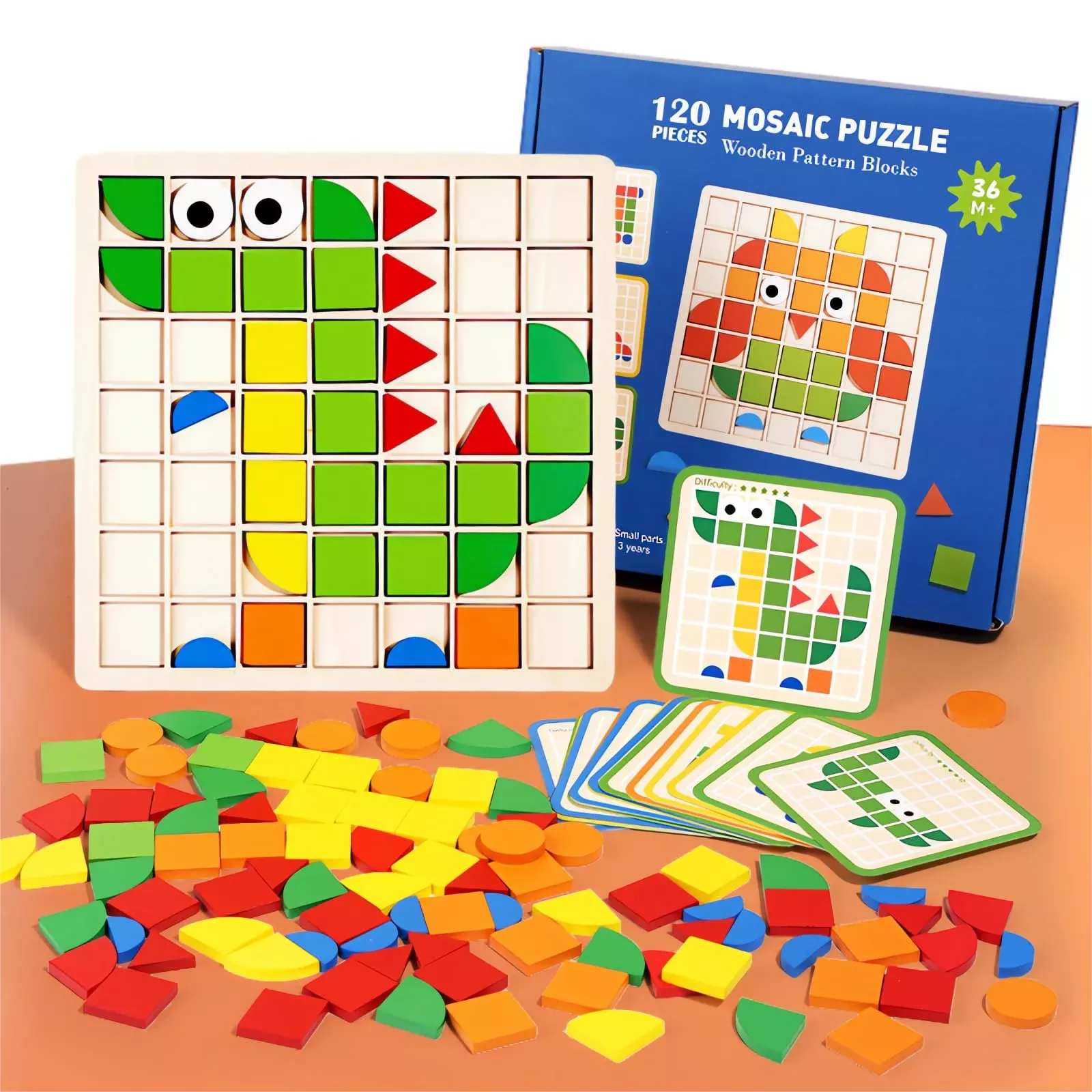 Mosaic Shape Wooden Pattern Blocks Puzzle, 120 Pcs Wooden Pattern Bloc