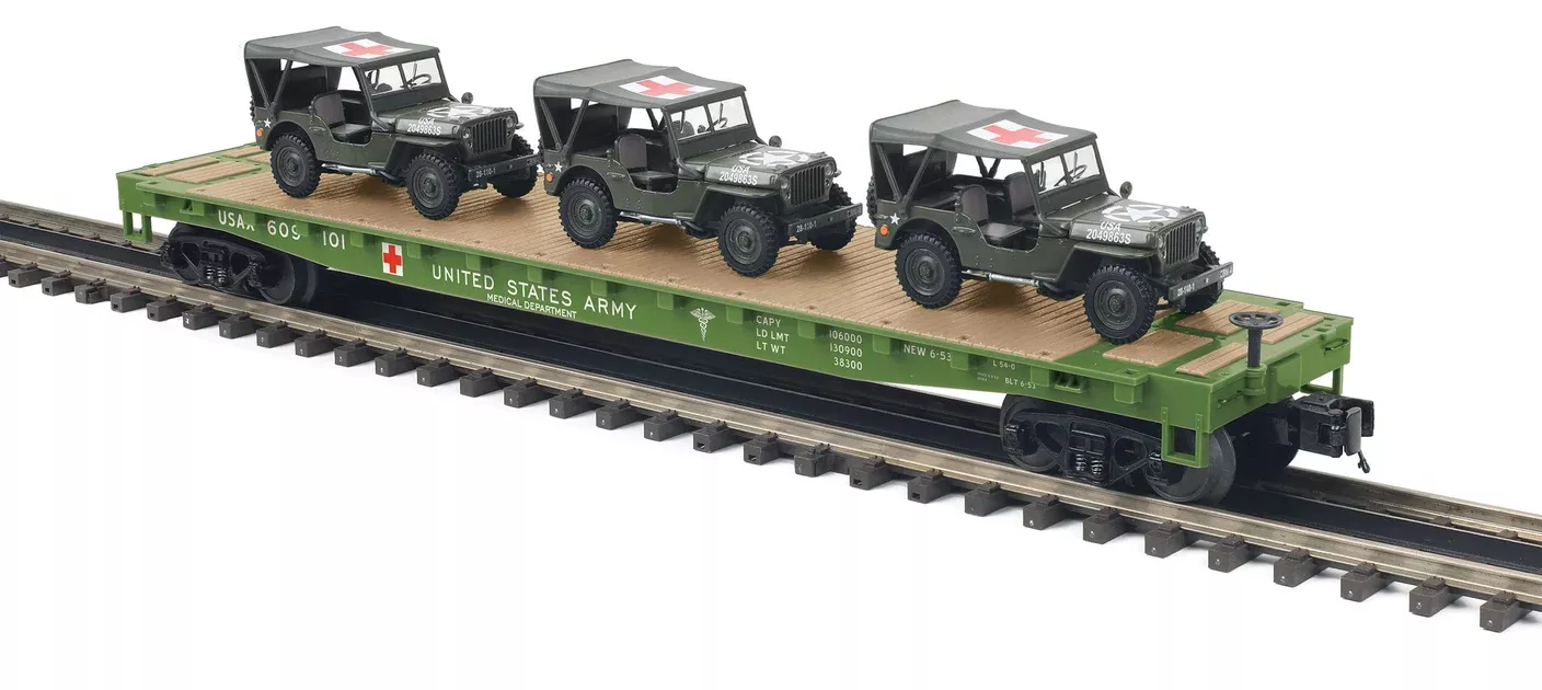MTH Premier 20-95675 O Scale US Army Flatcar with MASH Jeeps