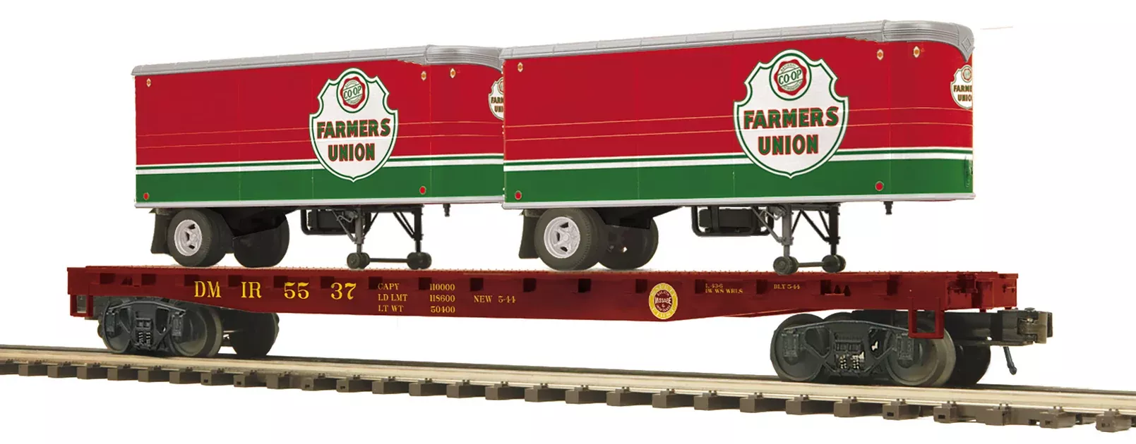 MTH Premier 20-95714 O Scale DM&IR Flatcar with Farmer's Union Pup Trailers