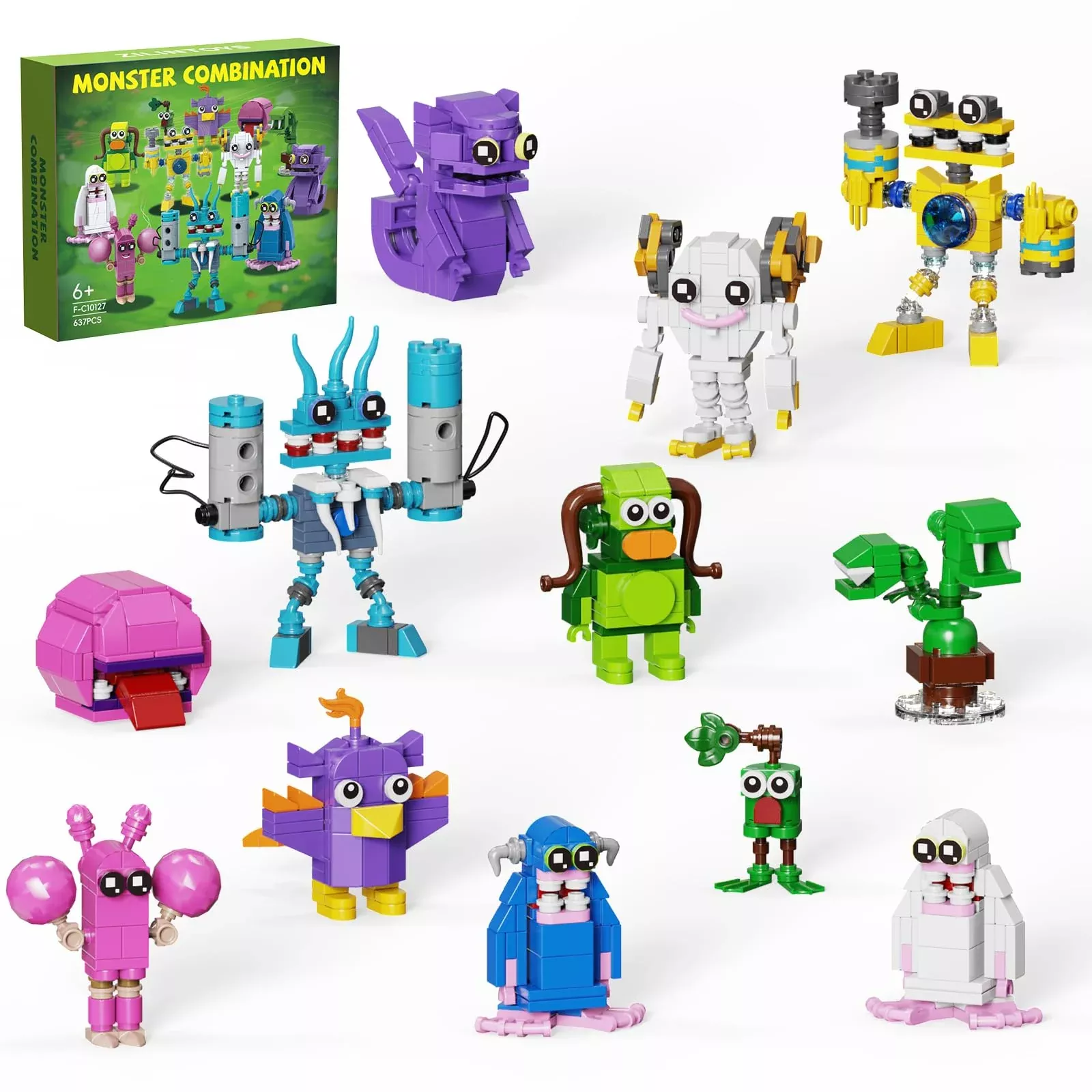 MYFUNTOY 12 in 1 Singing Monster Figures Building Set, 637 Pieces, Com