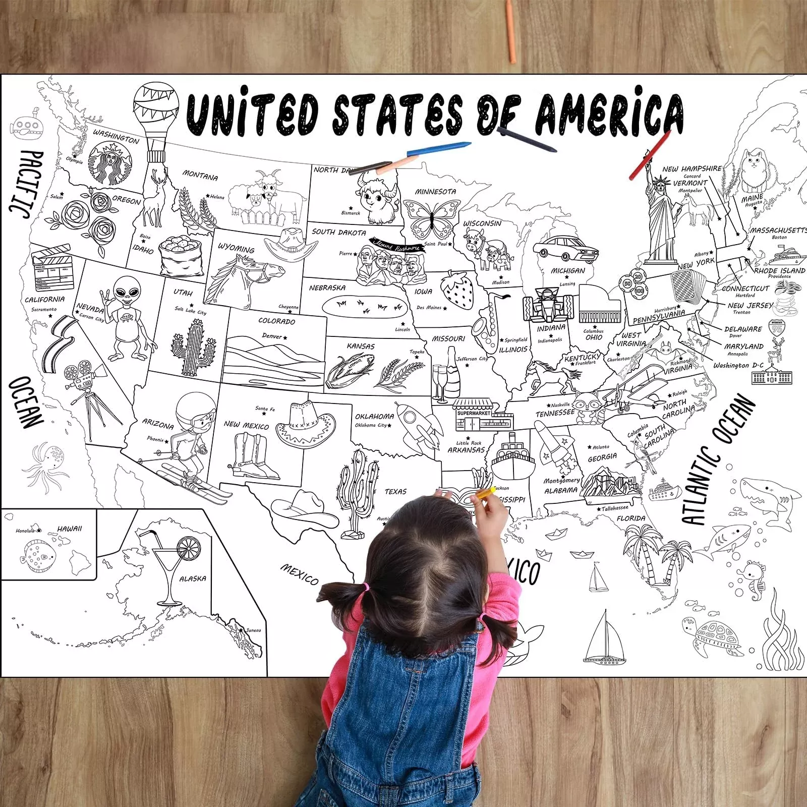 Naozinebi US Map Coloring Poster 110cm x 80cm Colorful Design