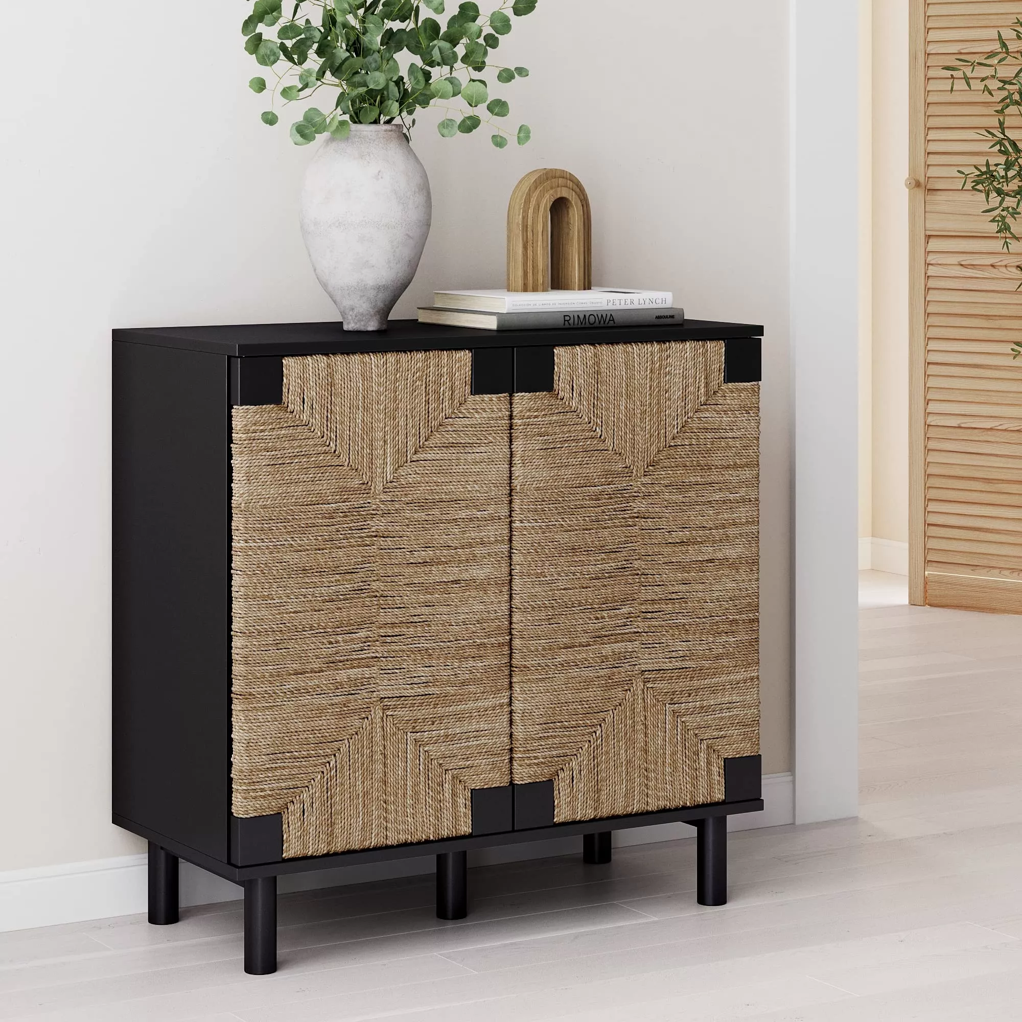 Nathan James Beacon Sideboard Cabinet, Brushed Black-Seagrass, Wood, 1