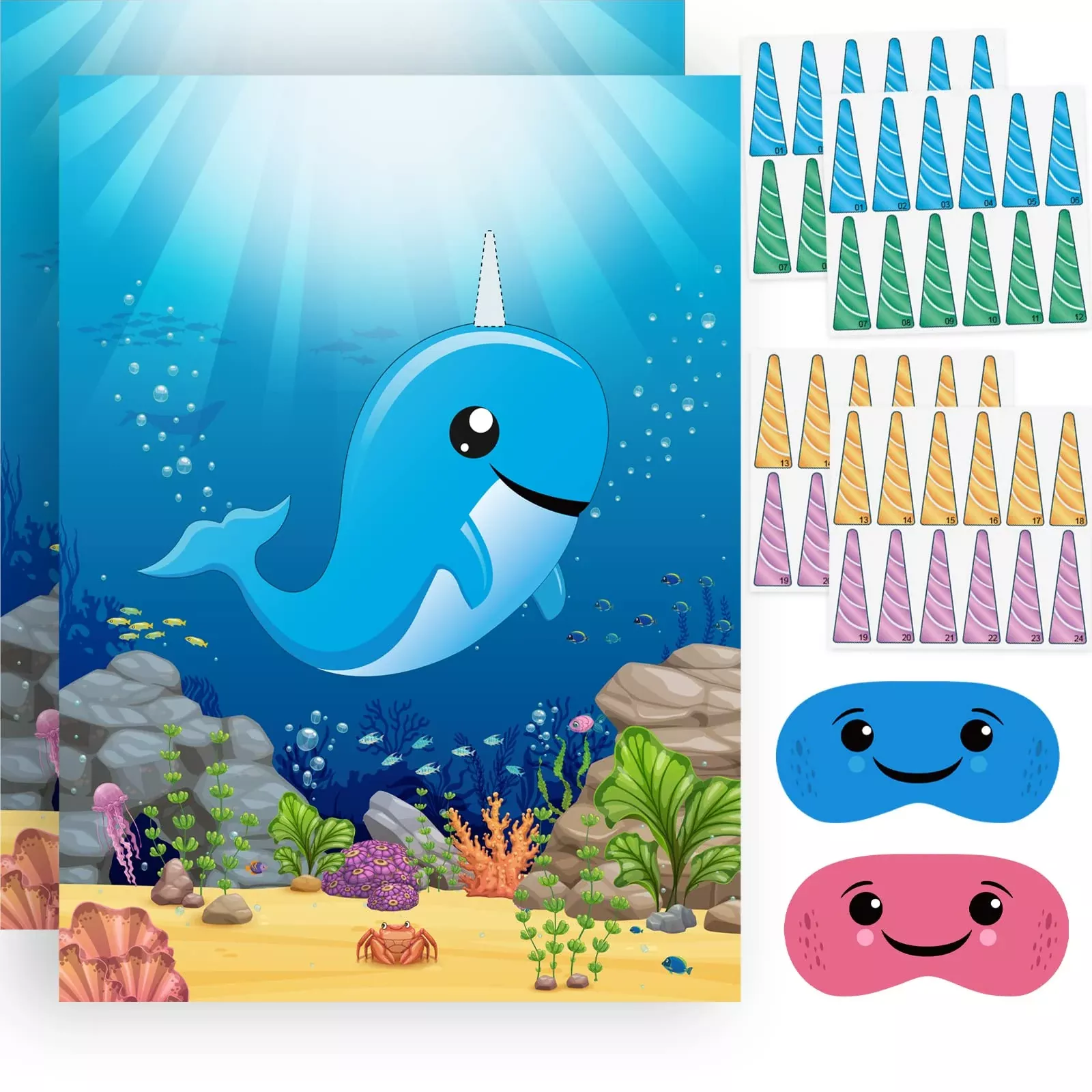 NEBURORA Narwhal Party Game Set - 2 Posters, 48 Stickers,