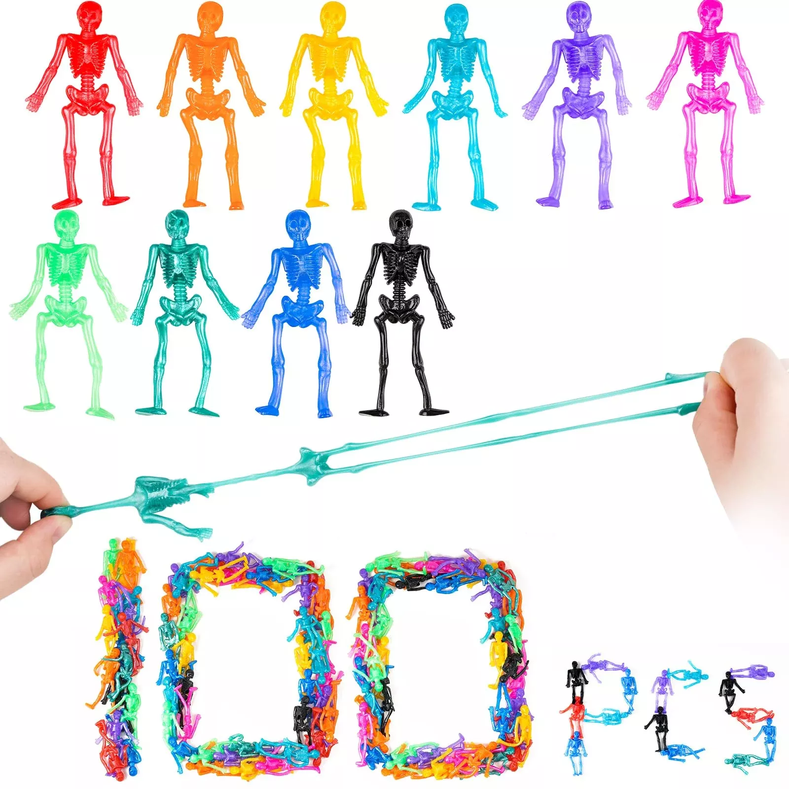 NiHome Halloween Stretchy Skeleton Toys 100-Pack Multi Color 3.7"