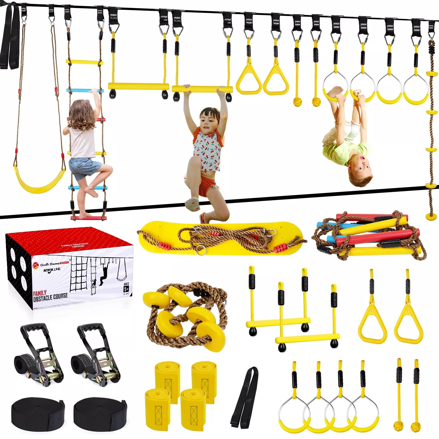 Ninja Line Obstacle Course for Kids, 14 Obstacles, Black+Yellow