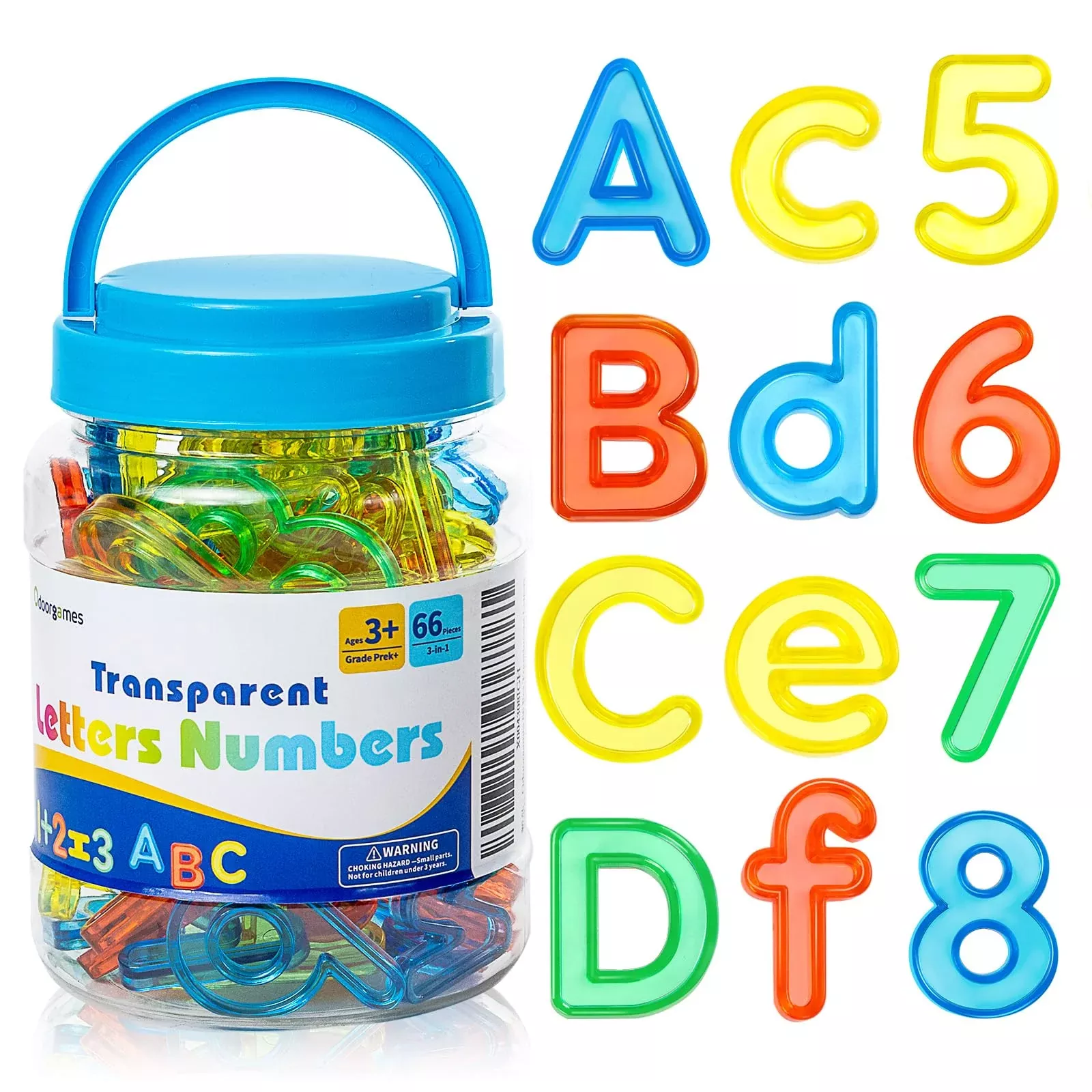 Odoorgames Mini Jar of 66 Letters and Numbers Toys - Translucent Colors