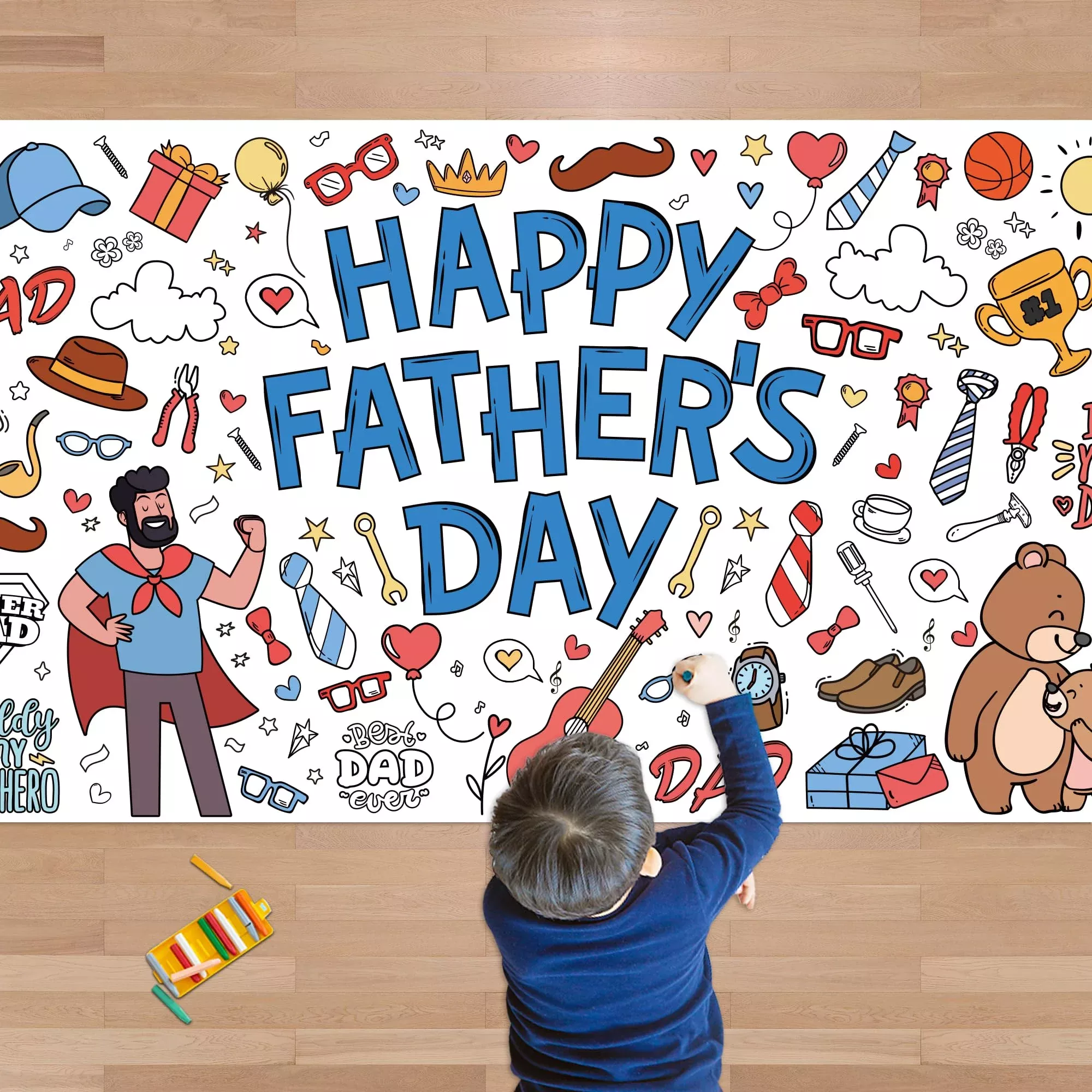 OHOME Fathers Day Coloring Tablecloth 72"x30" Rectangular, Kids Craft