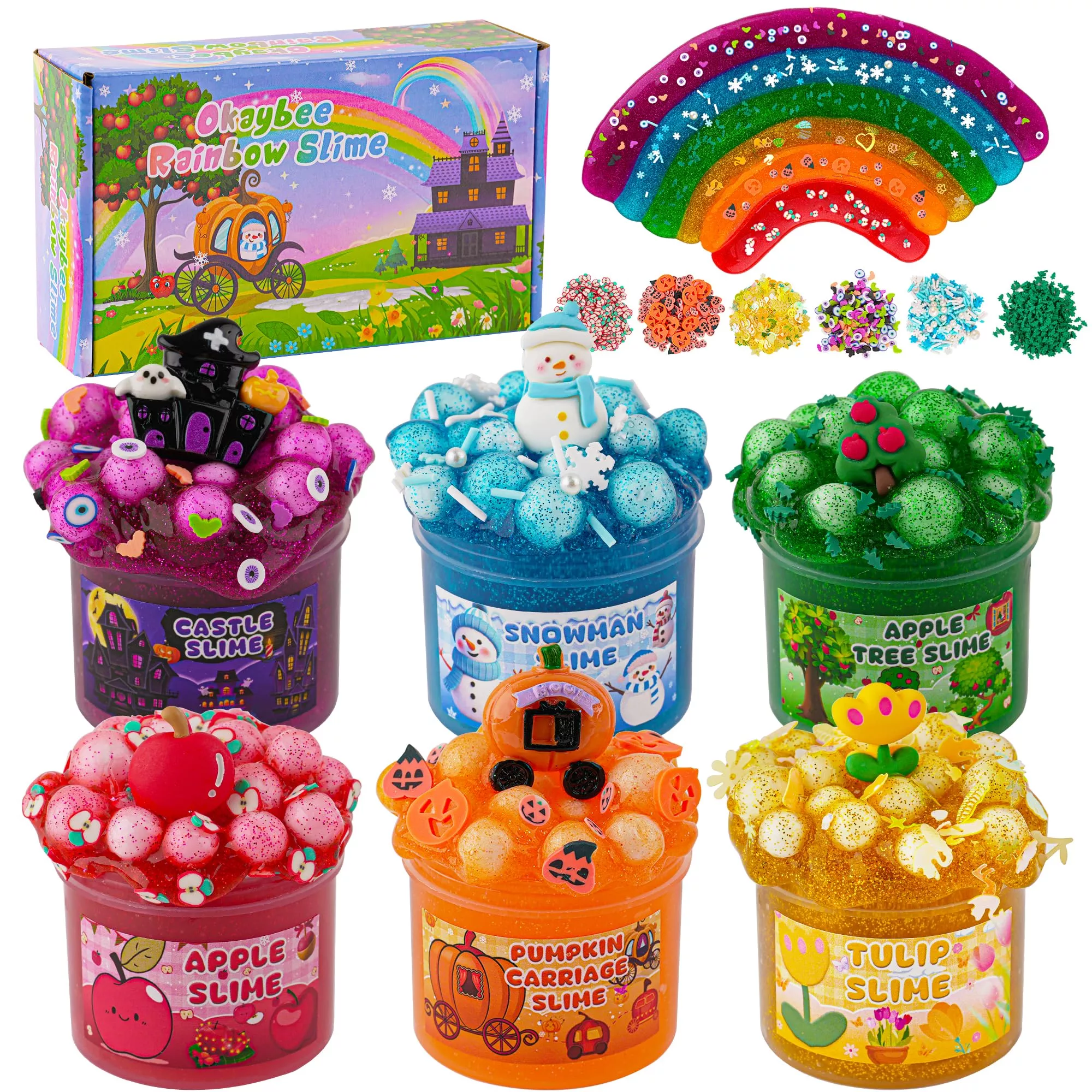 Okaybee 6 Pack Glitter Crunchy Slime Kit, Rainbow Slime For Kids, Chri