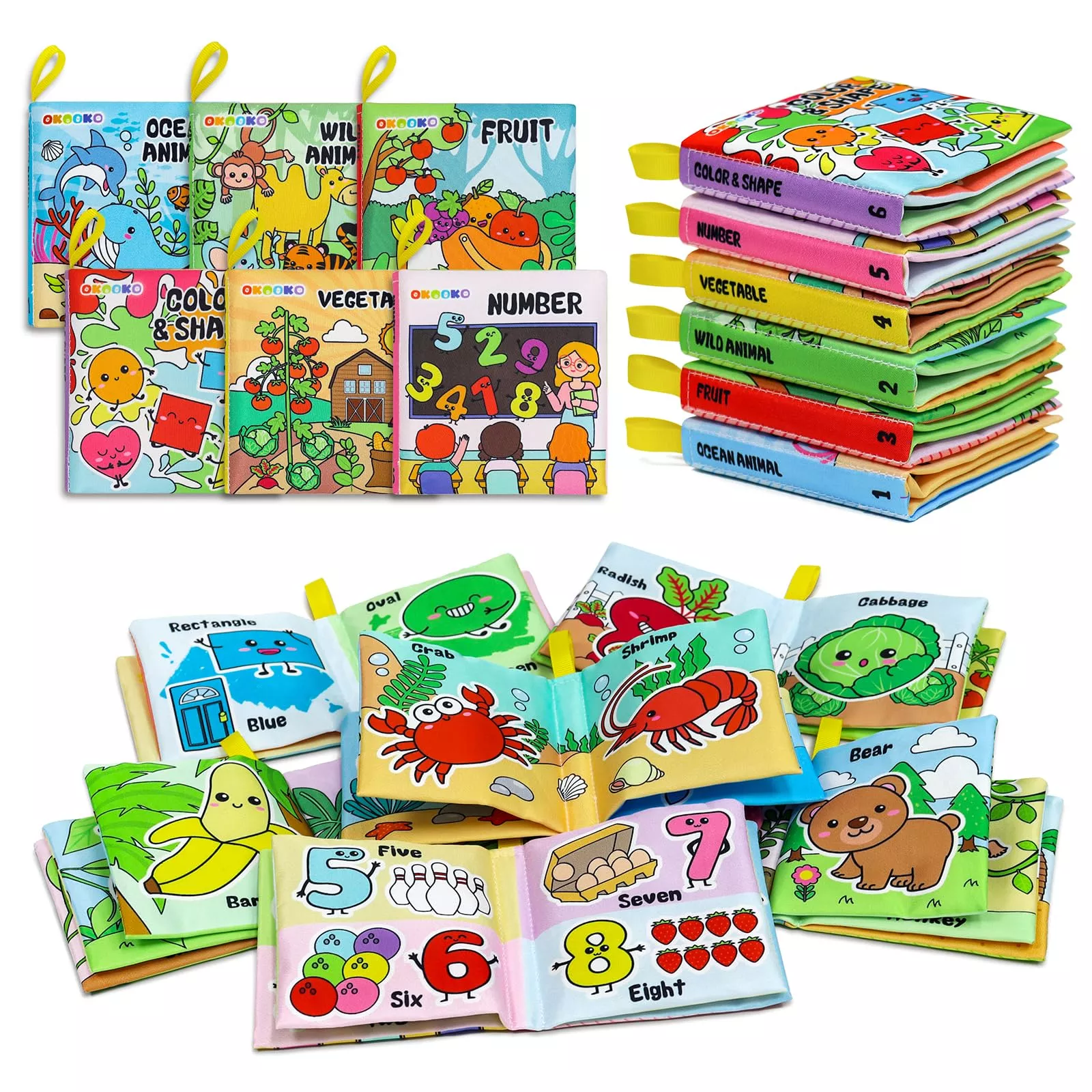 OKOOKO Soft Baby Books 6PCS Cloth Books Multi-colors Small Educational