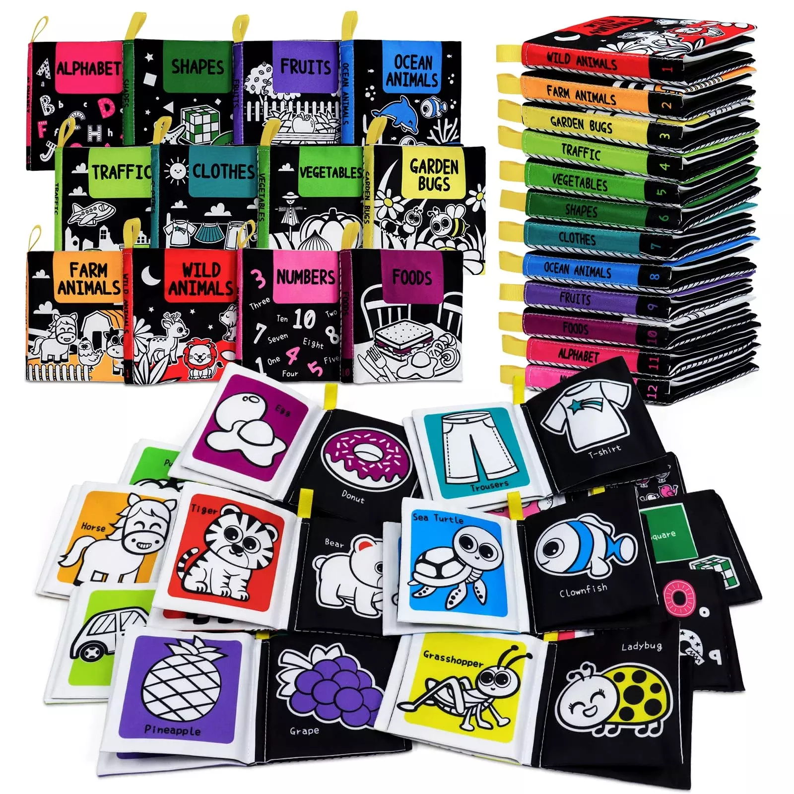 OKOOKO Soft Cloth Baby Books Set 12PCS Black and White Educational Toy