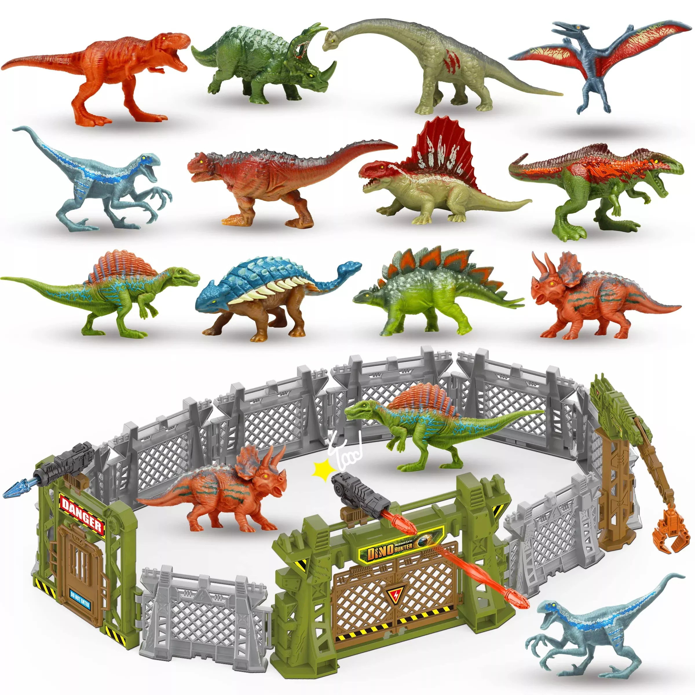 Oriate 12PCS Mini Dinosaur Figurines Playset with Fences & Blasters, P