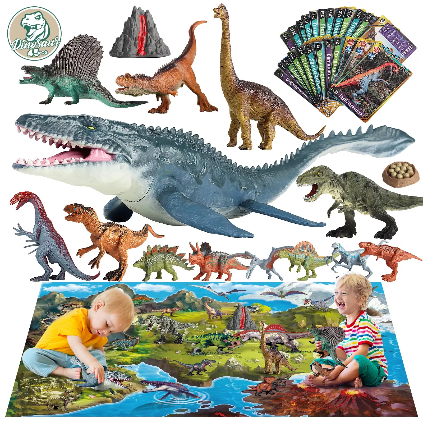 Oriate Dinosaur Toys Playset with Large Mat, 45 Pieces, Realistic Mosa