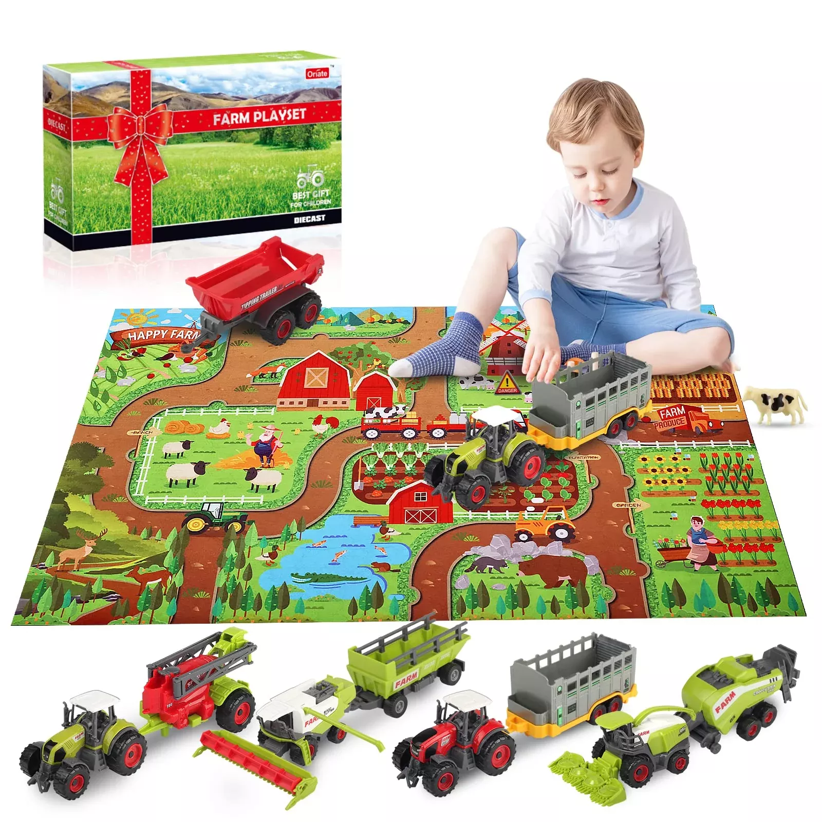 Oriate Large Farm Playset - 34 Pieces with Farm Vehicles & Animals