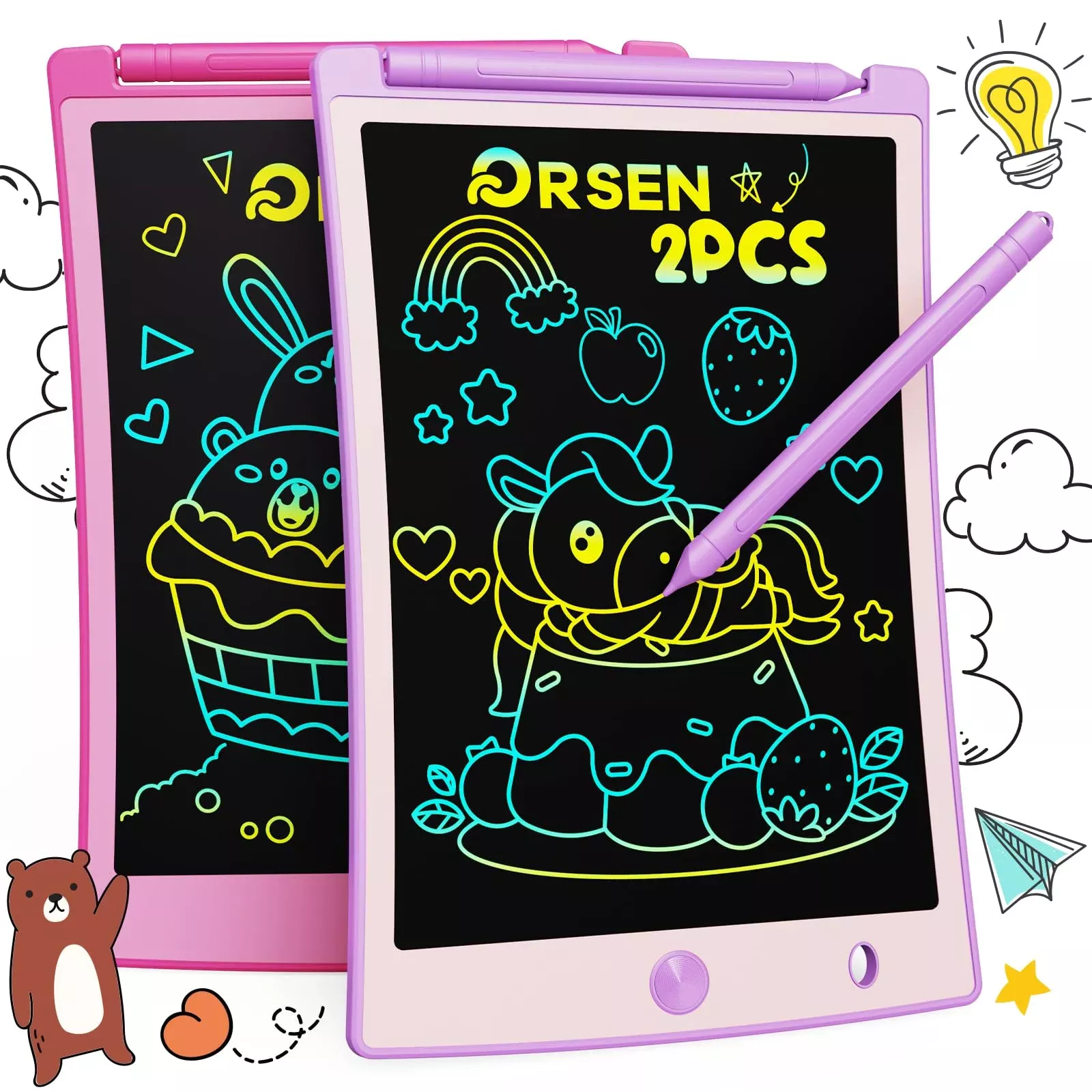 Orsen 2 Pack Lcd Writing Tablet For Kids, Colorful Doodle Board Drawin