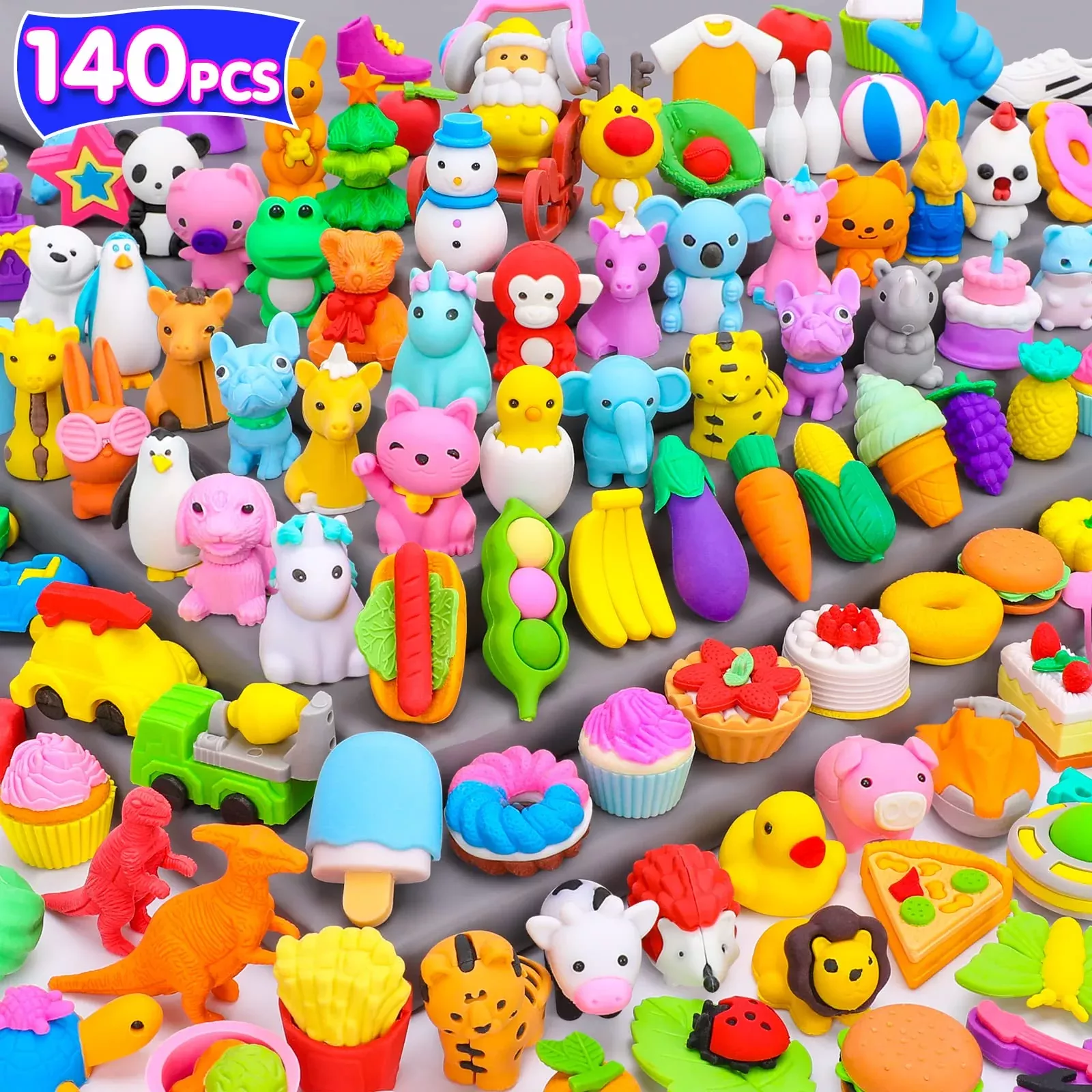 Palmatte 140PCS Mini Animal Erasers Bulk, Assorted Colors, 3D