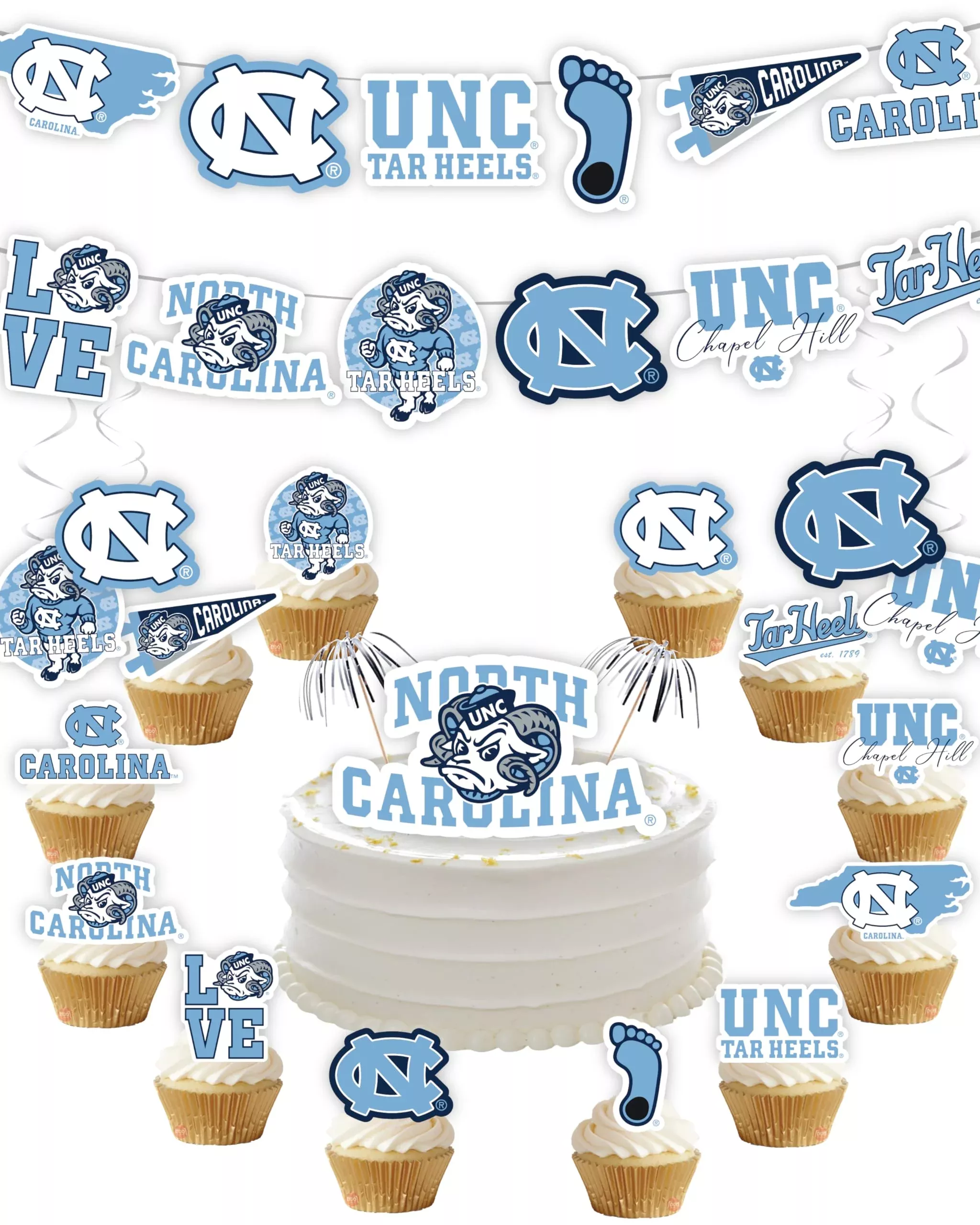 PartyKandy UNC Party Kit - 42-Piece Celebration Set - Tar Heels Decor