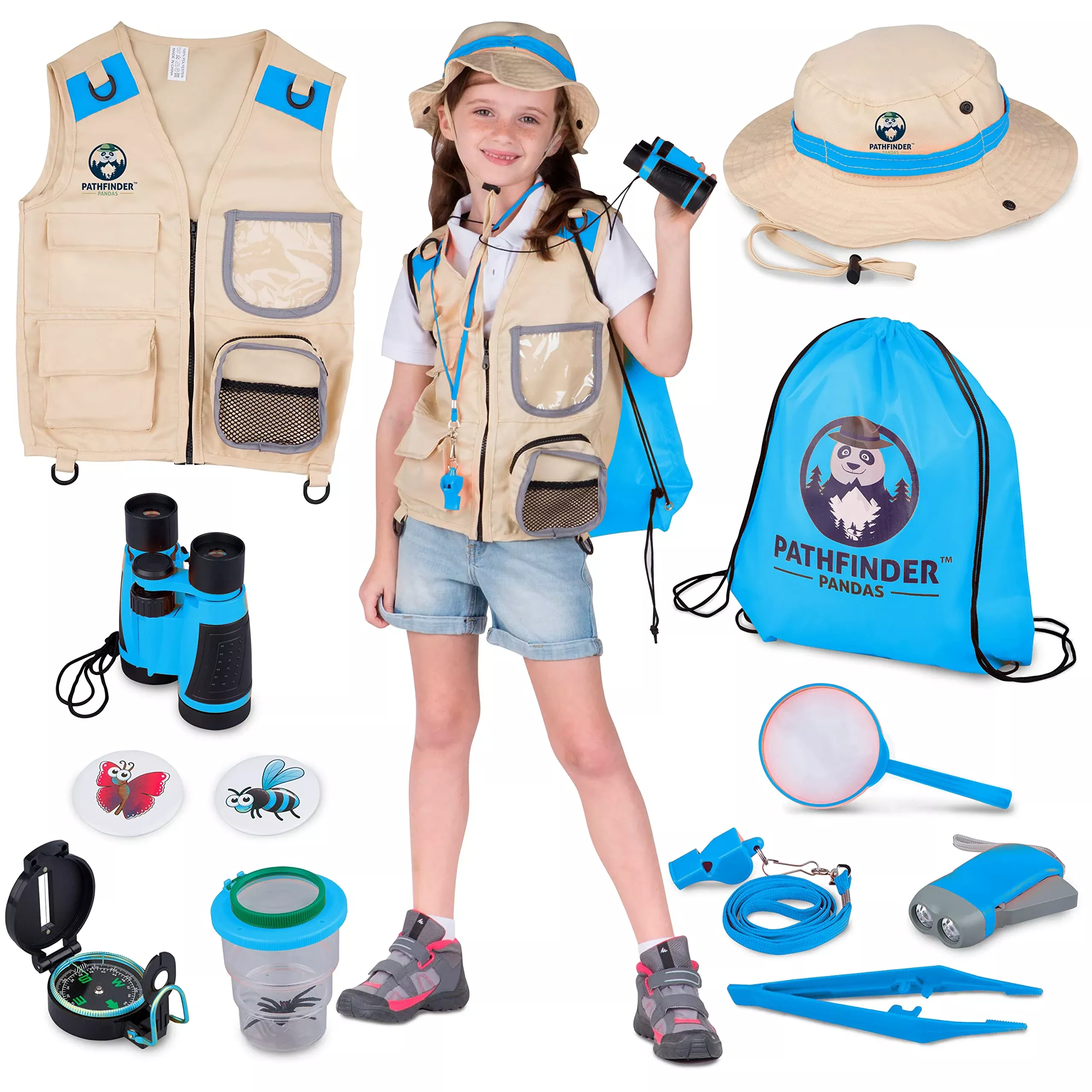 PATHFINDER PANDAS Kids Explorer Kit Large Lapis Blue Safari Vest & Hat