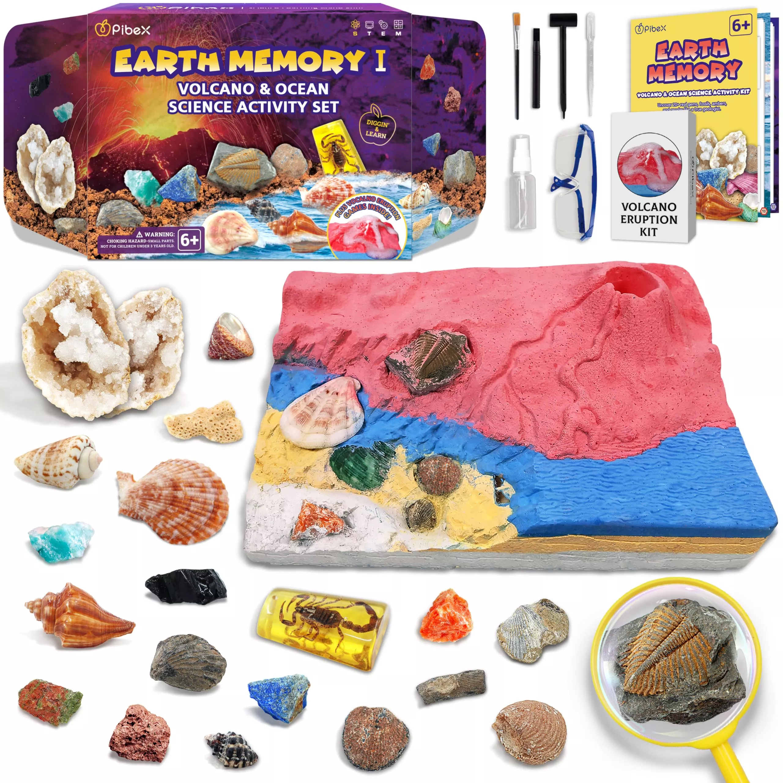 PIBEX Fossil Dig Kit for Kids, Volcano & Ocean, 10.63in