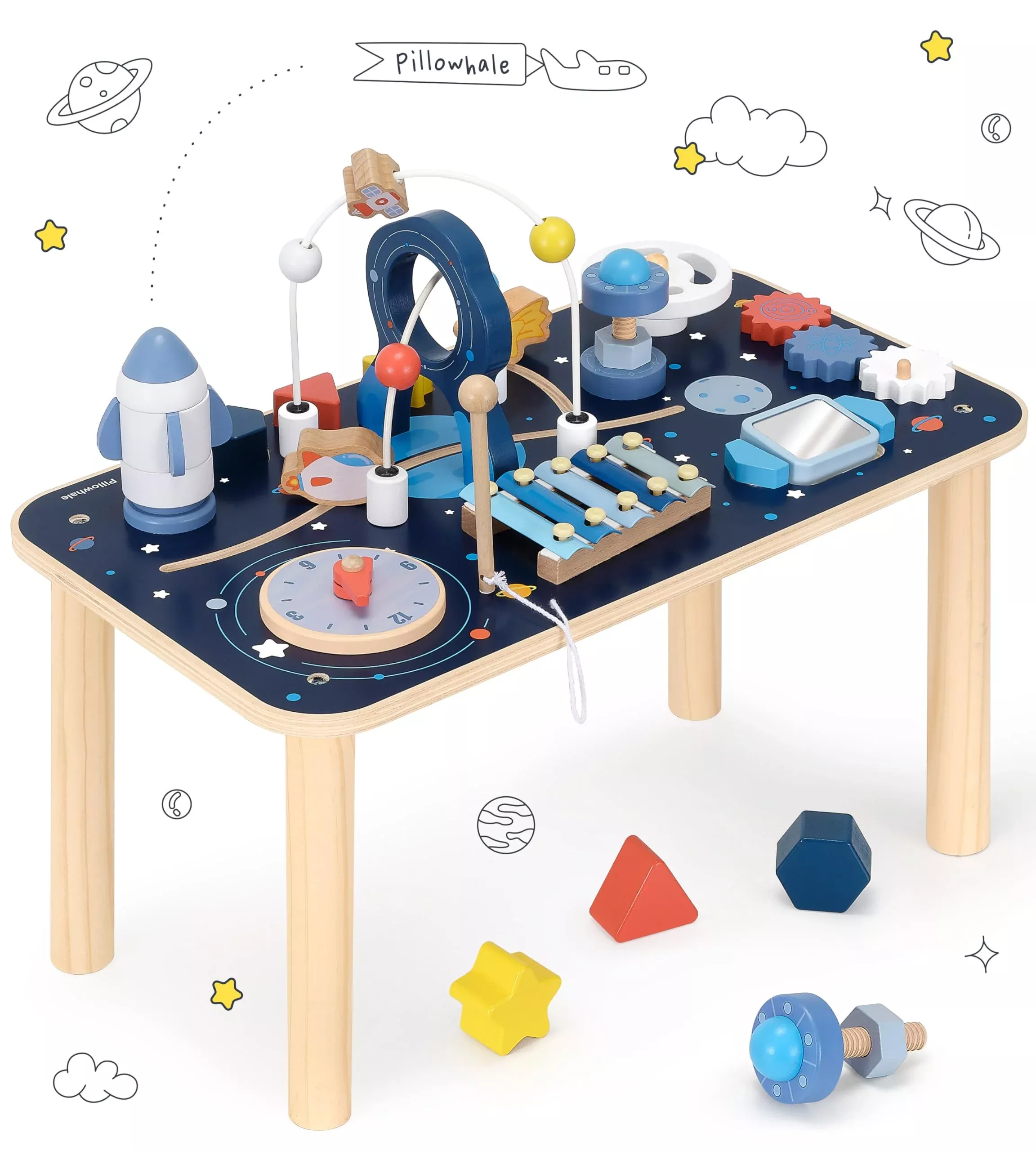 Pillowhale Wooden Activity Table for 1 Year Old, Brown, Medium Size