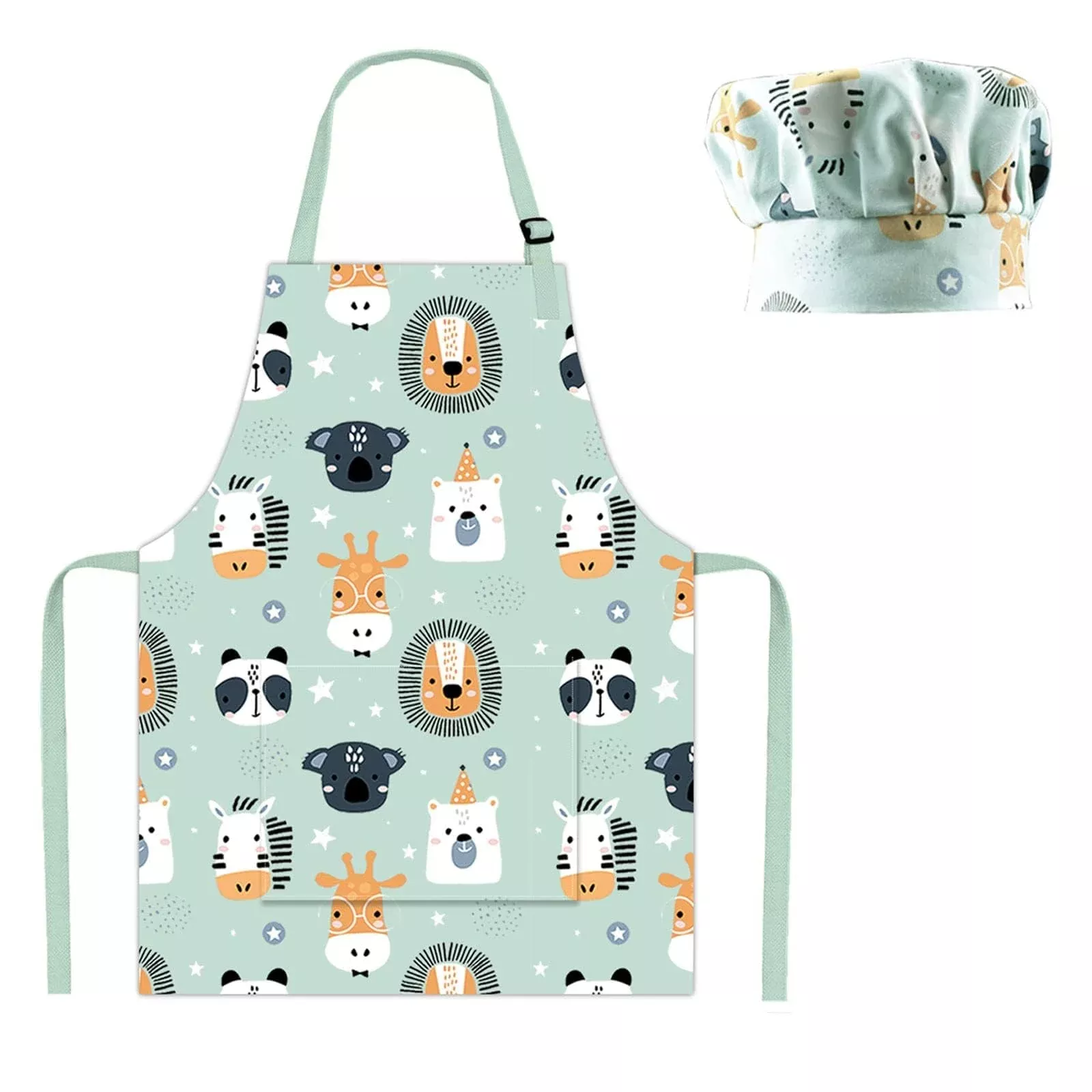 Pipoobear Kids Apron and Chef Hat Set, Lake Blue, Small, Cotton