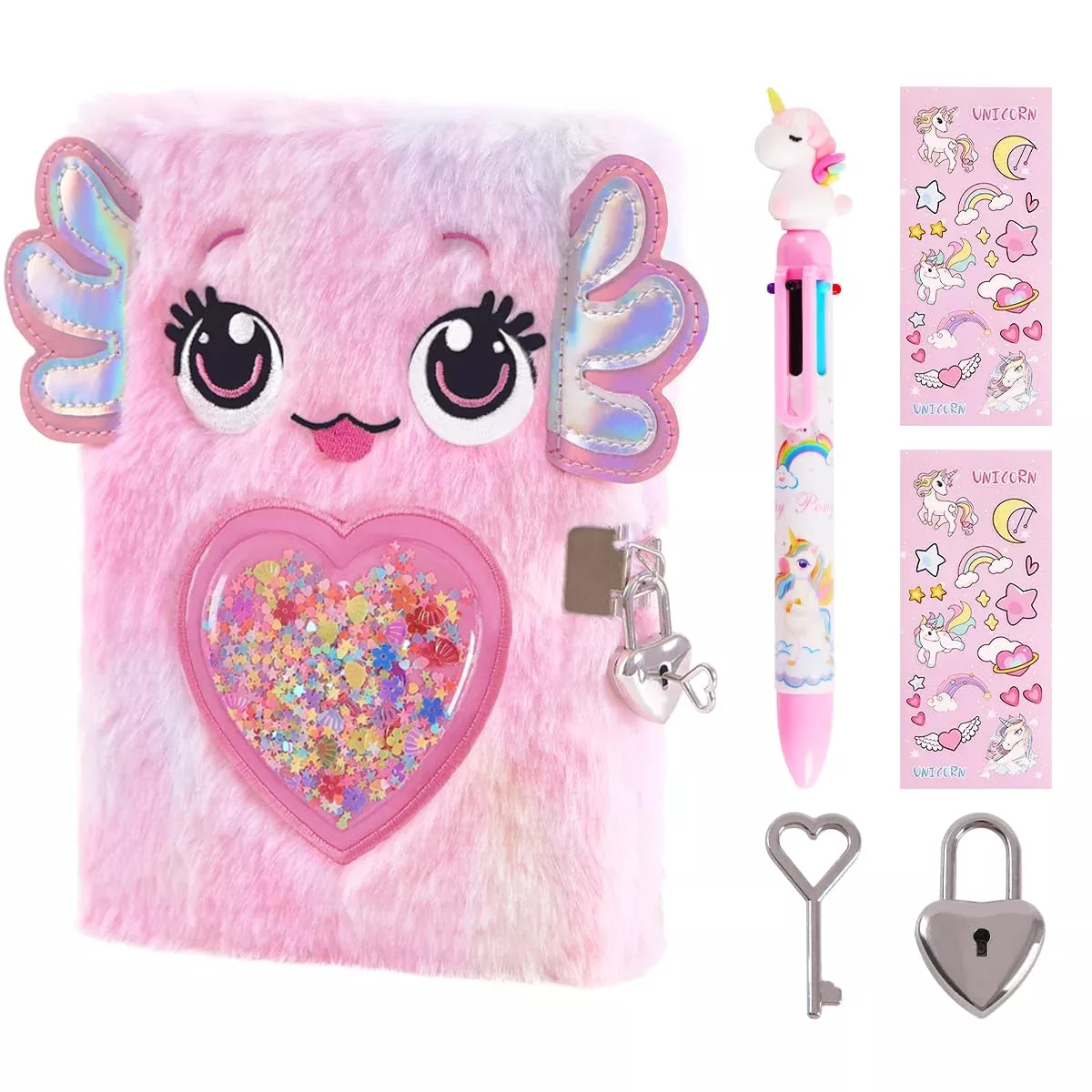 PrinBarBee Axolotl Diary for Girls A5 Lockable Pink Plush Journal