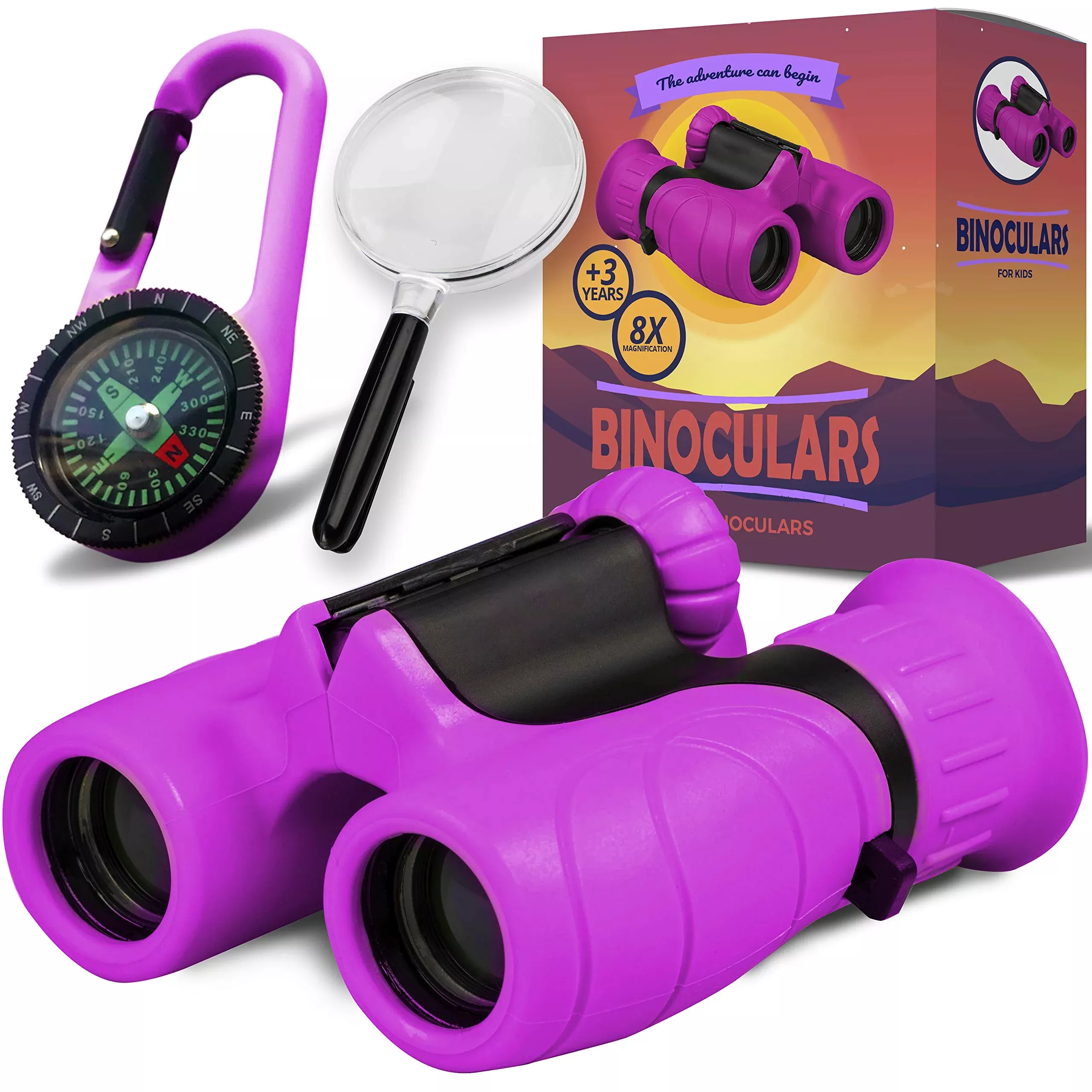 Promora Kids Binoculars Set with Magnifying Glass & Compass - Purple,