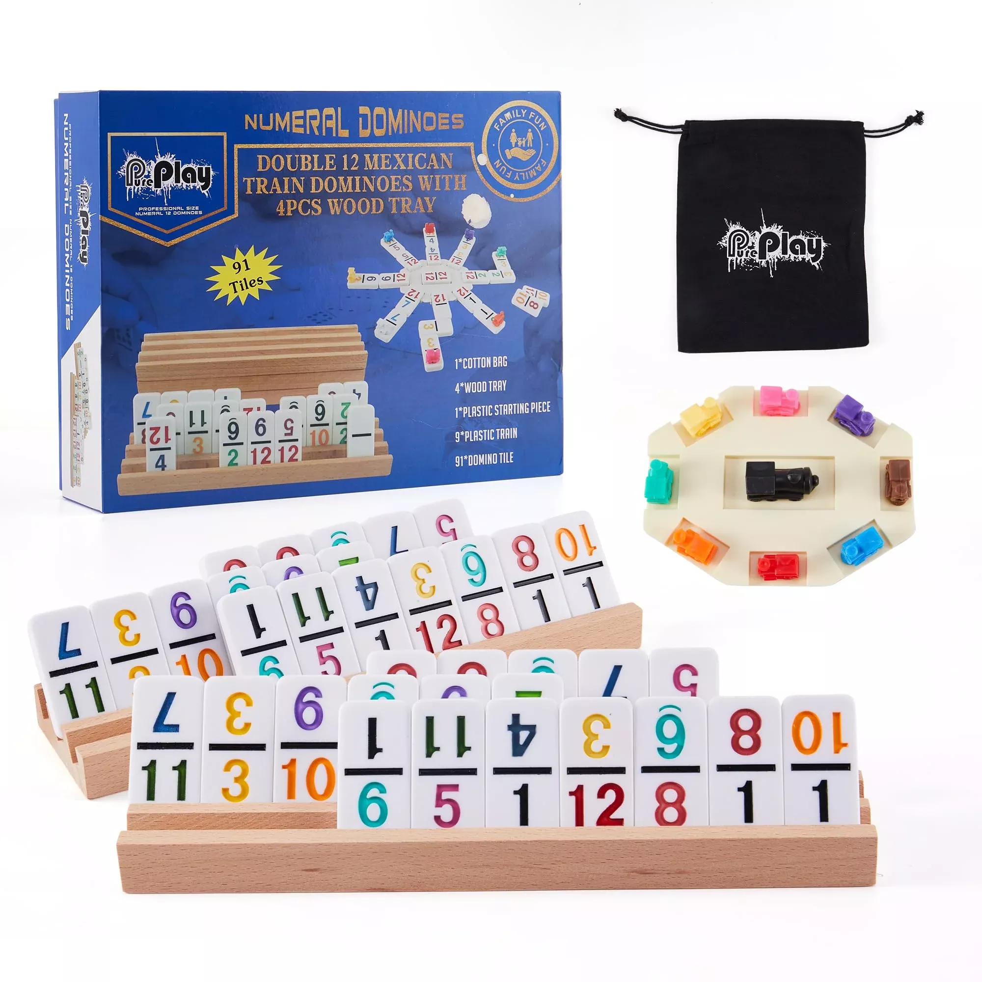 PUREPLAY Mexican Train Dominoes Set - Double 12 Colored Number Dominoe