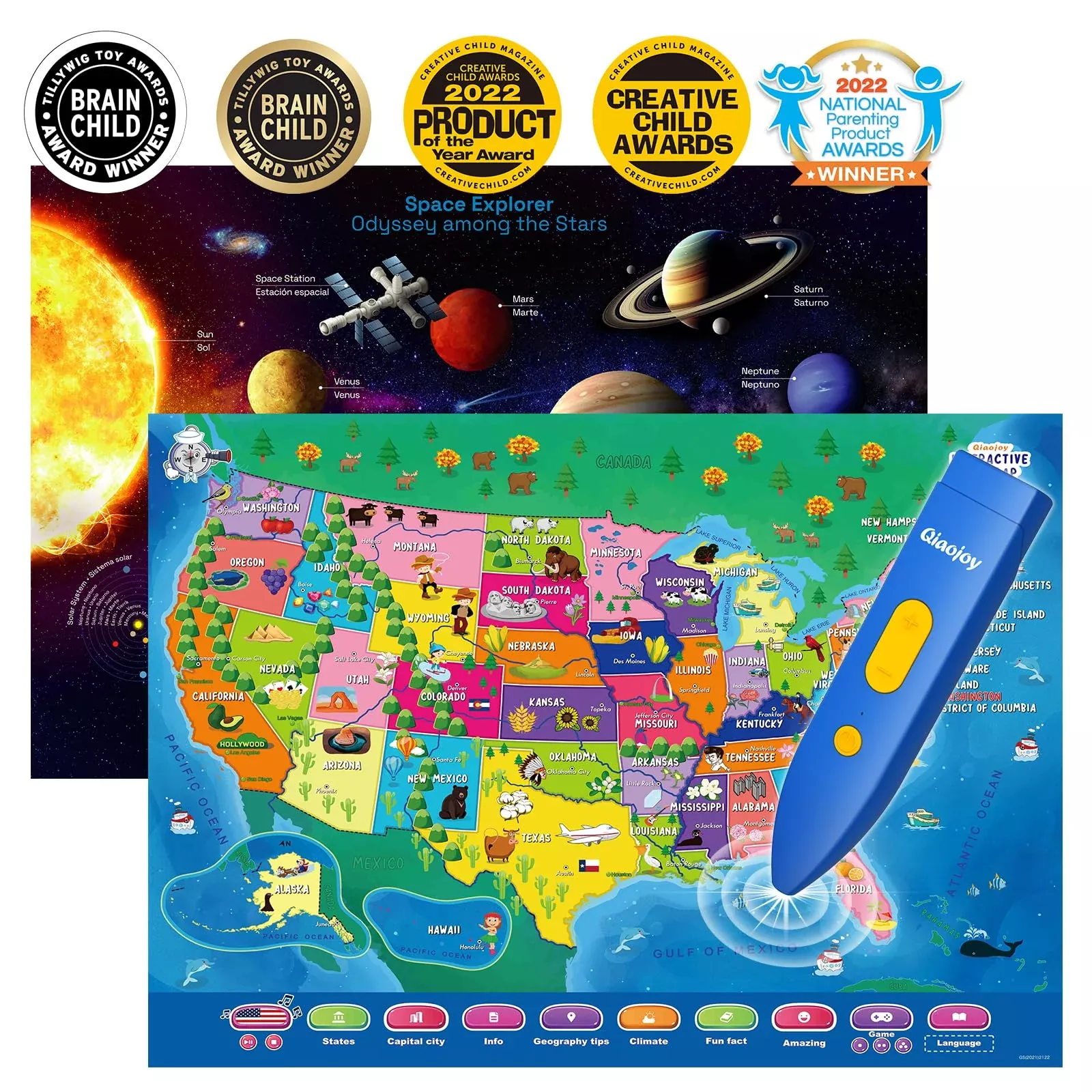 Qiaojoy Bilingual Interactive Map & Solar System Poster 24"x30"