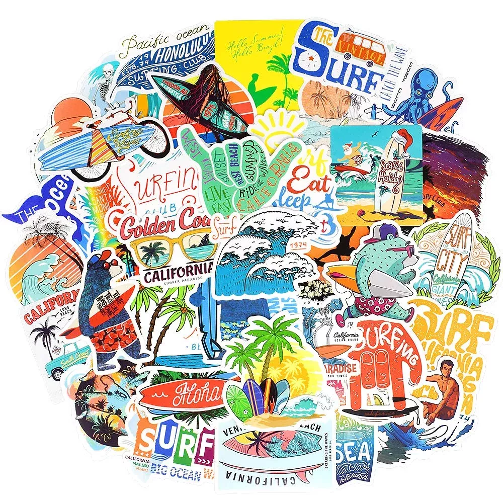 QTL Surf Stickers Pack for Water Bottles, 50pcs Waterproof Vinyl