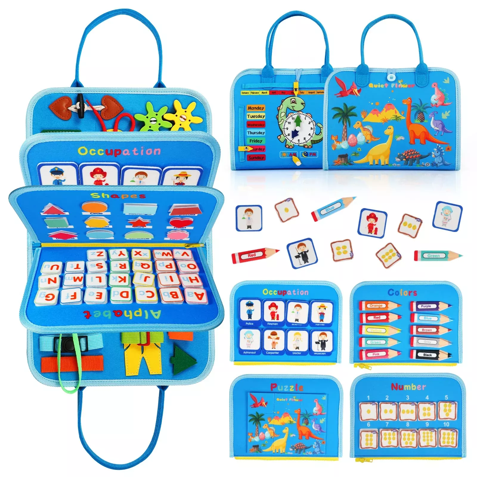 Quiet Flower Montessori Busy Board Blue Medium 8-in-1 Learning Toy