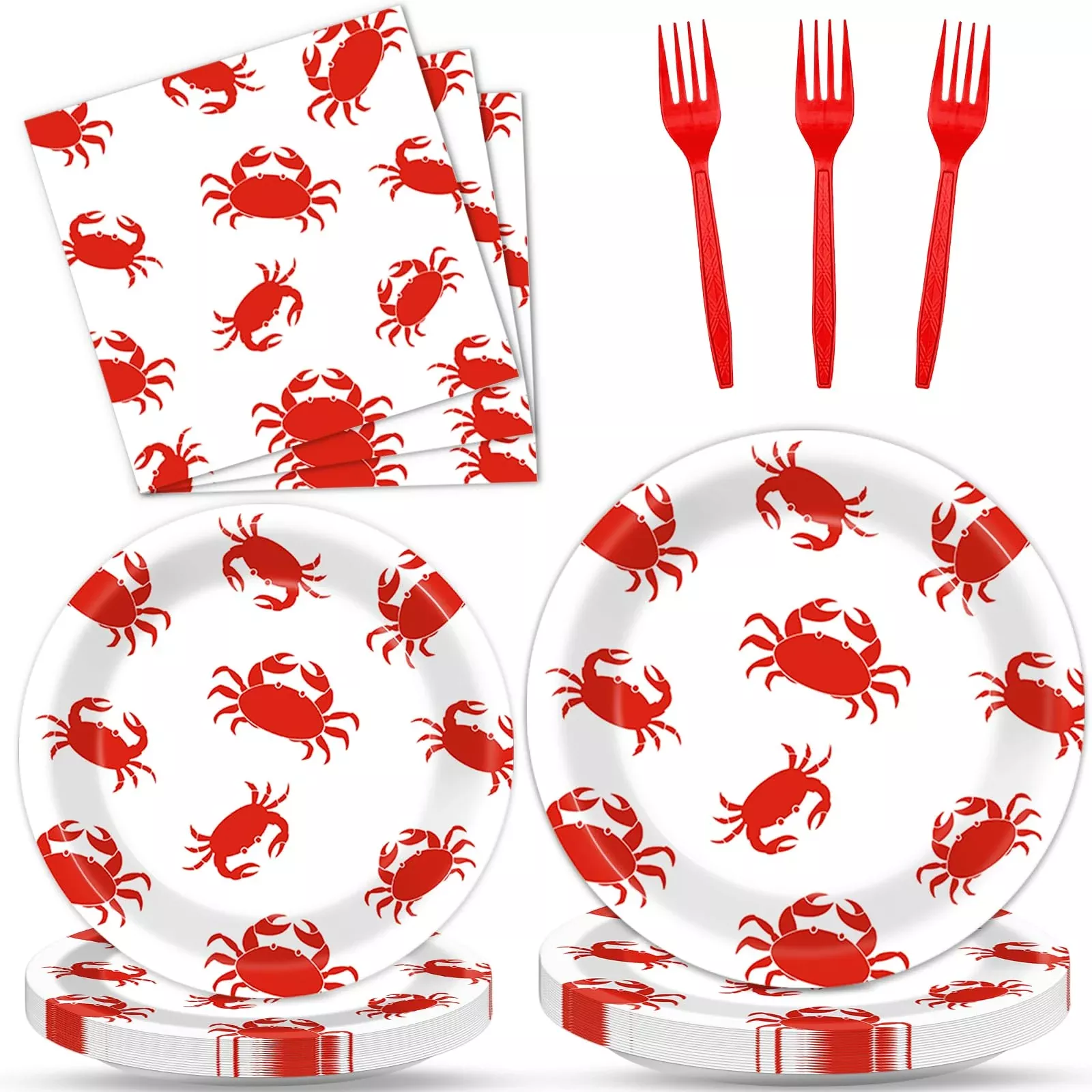Qyeahkj Crab Party Tableware Set, 100Pcs, Red & White, Paper