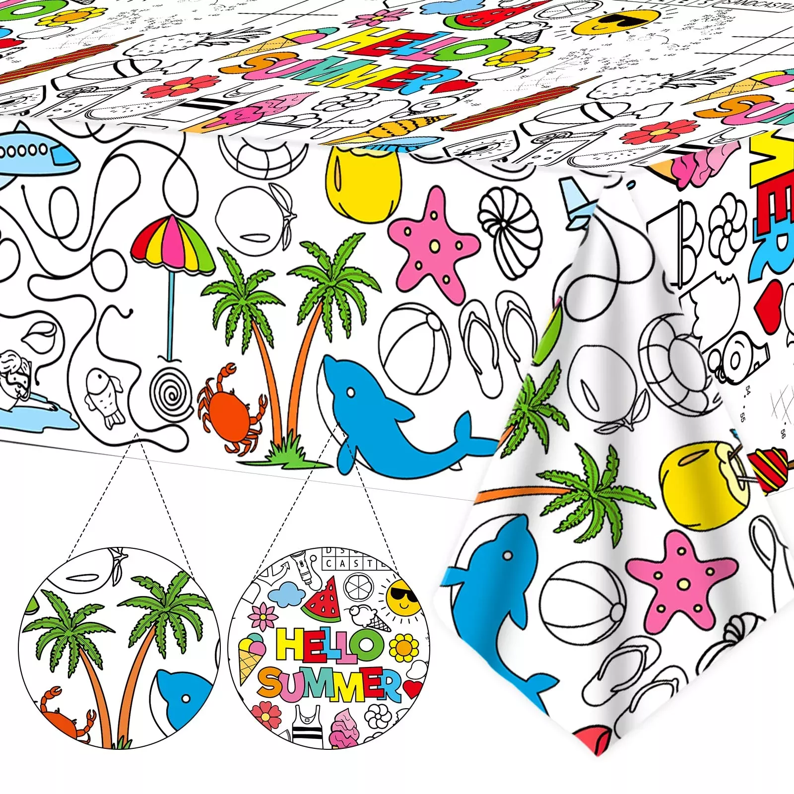 Qyeahkj Giant Summer Coloring Tablecloth 47"x82" Blue for Kids