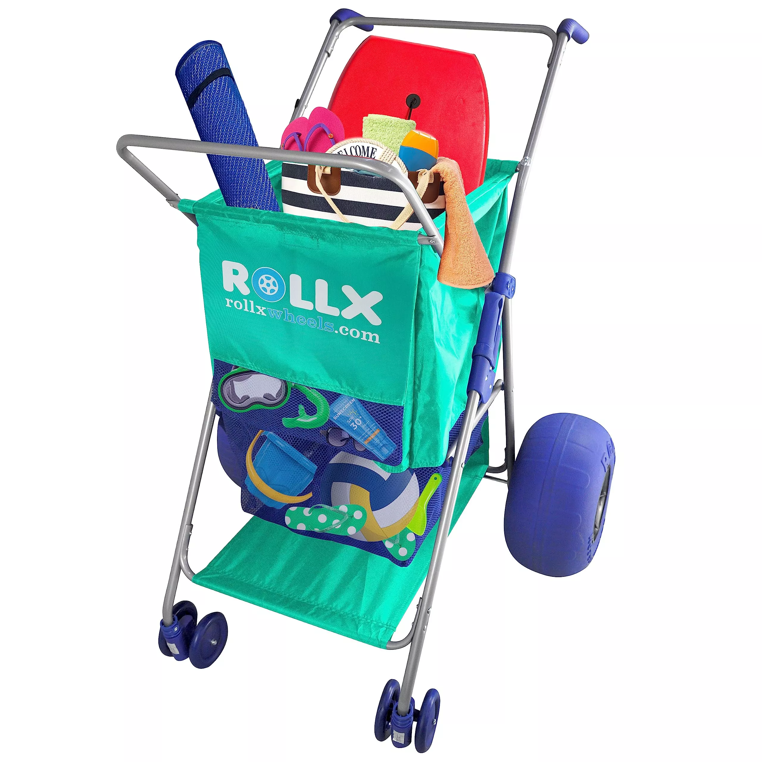 RollX Beach Cart with 2 Balloon Wheels, Seafoam, Heavy Duty Frame