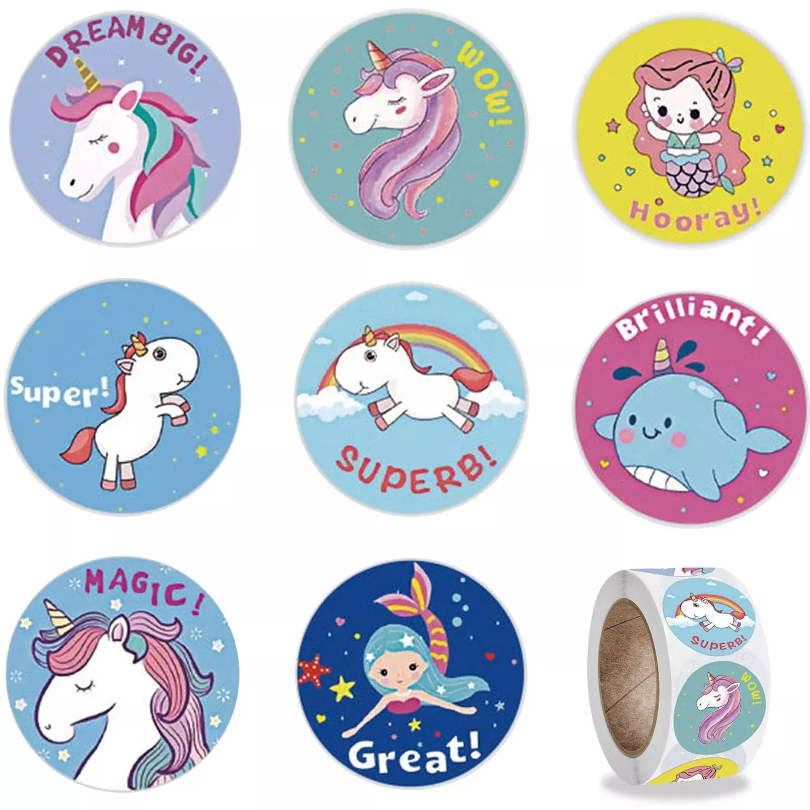 RORANIC Unicorn & Mermaid Stickers 500 Count Roll - Multiple Colors