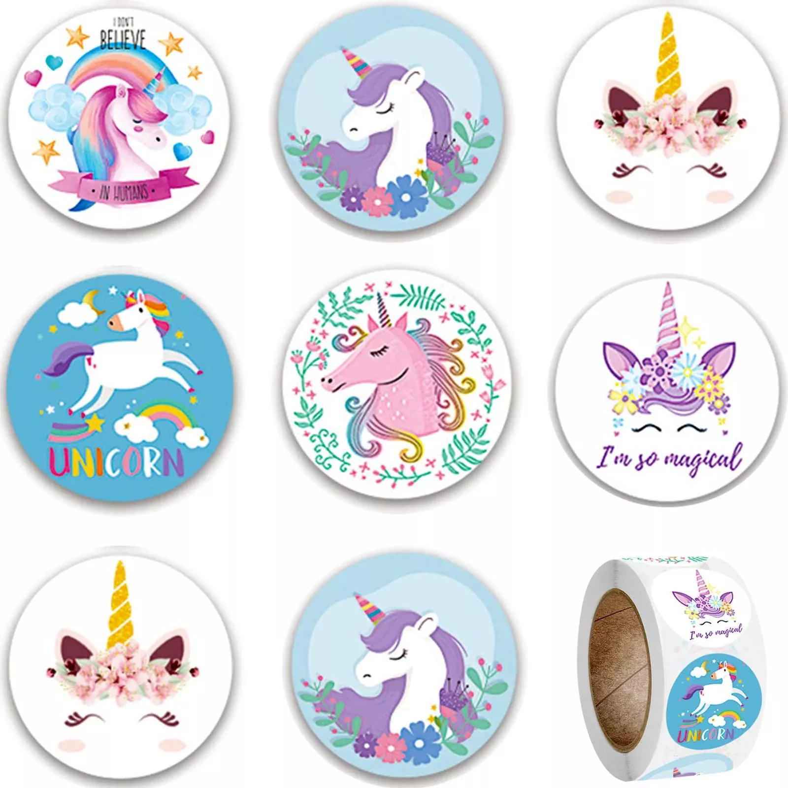 RORANIC Unicorn Stickers Roll, 1 Inch, 500 Count, Multiple Colors