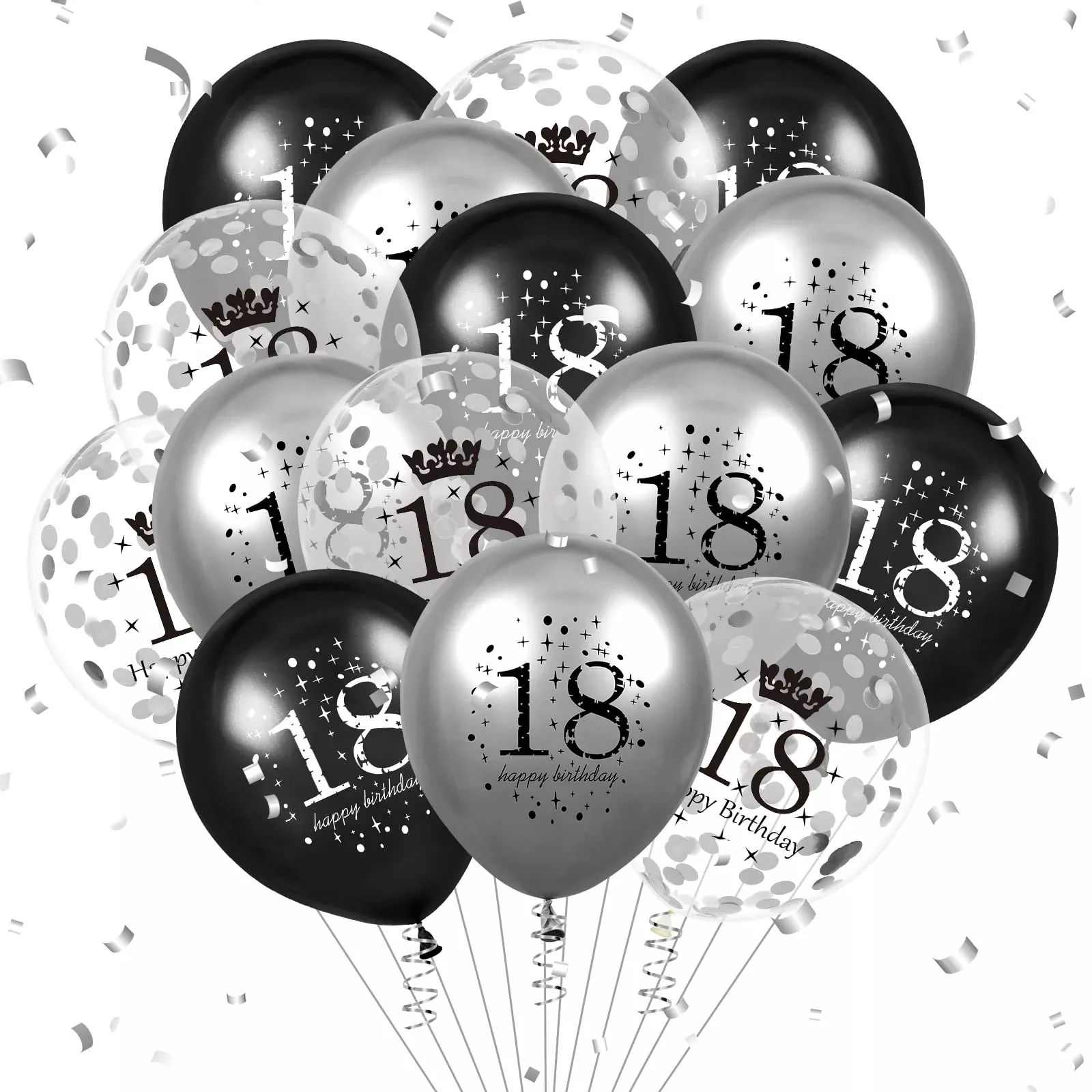 Rumia 18th Birthday Balloons Pack, 12in, Black & Silver,