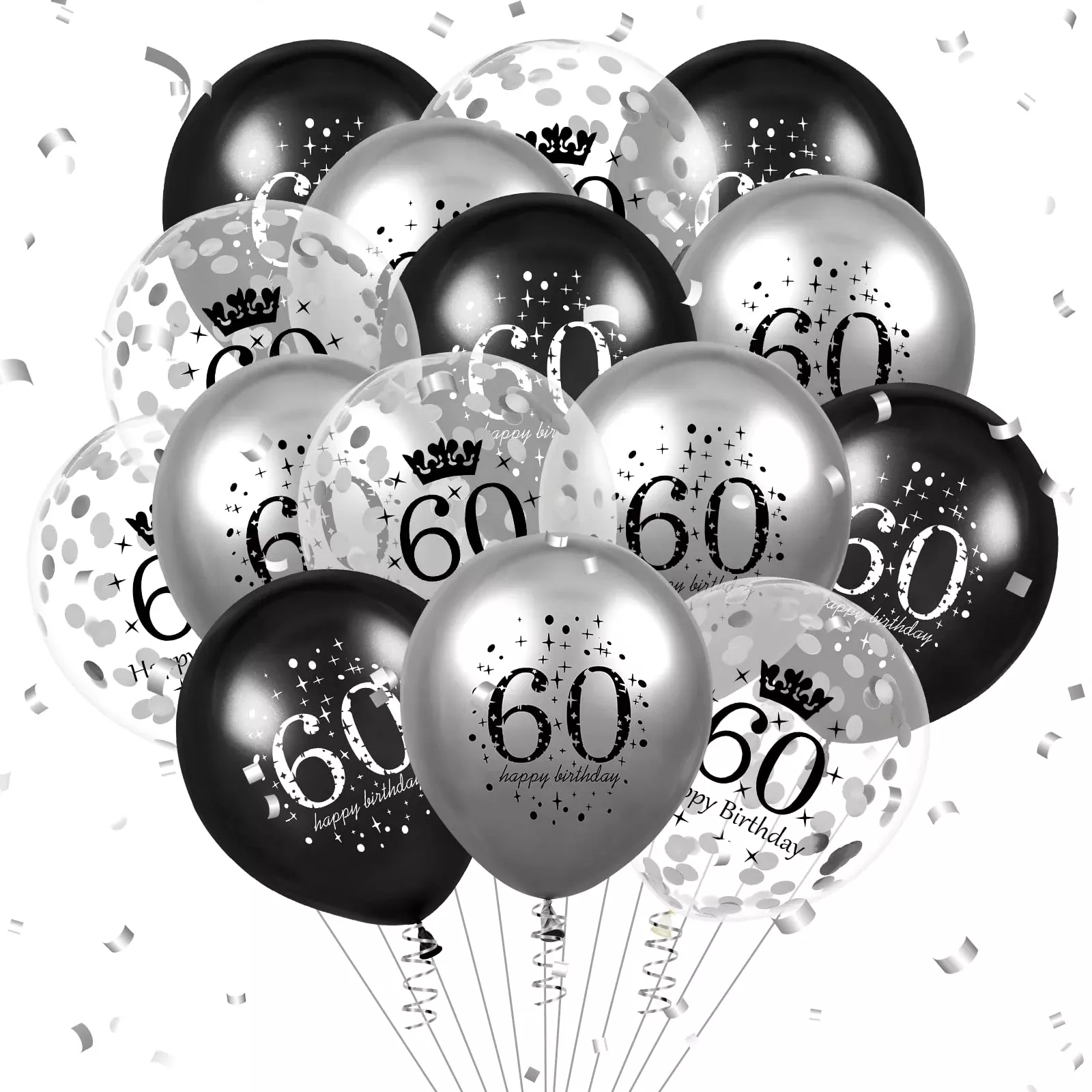 Rumia 60th Birthday Balloons Black Silver 12 inch Latex 15pcs
