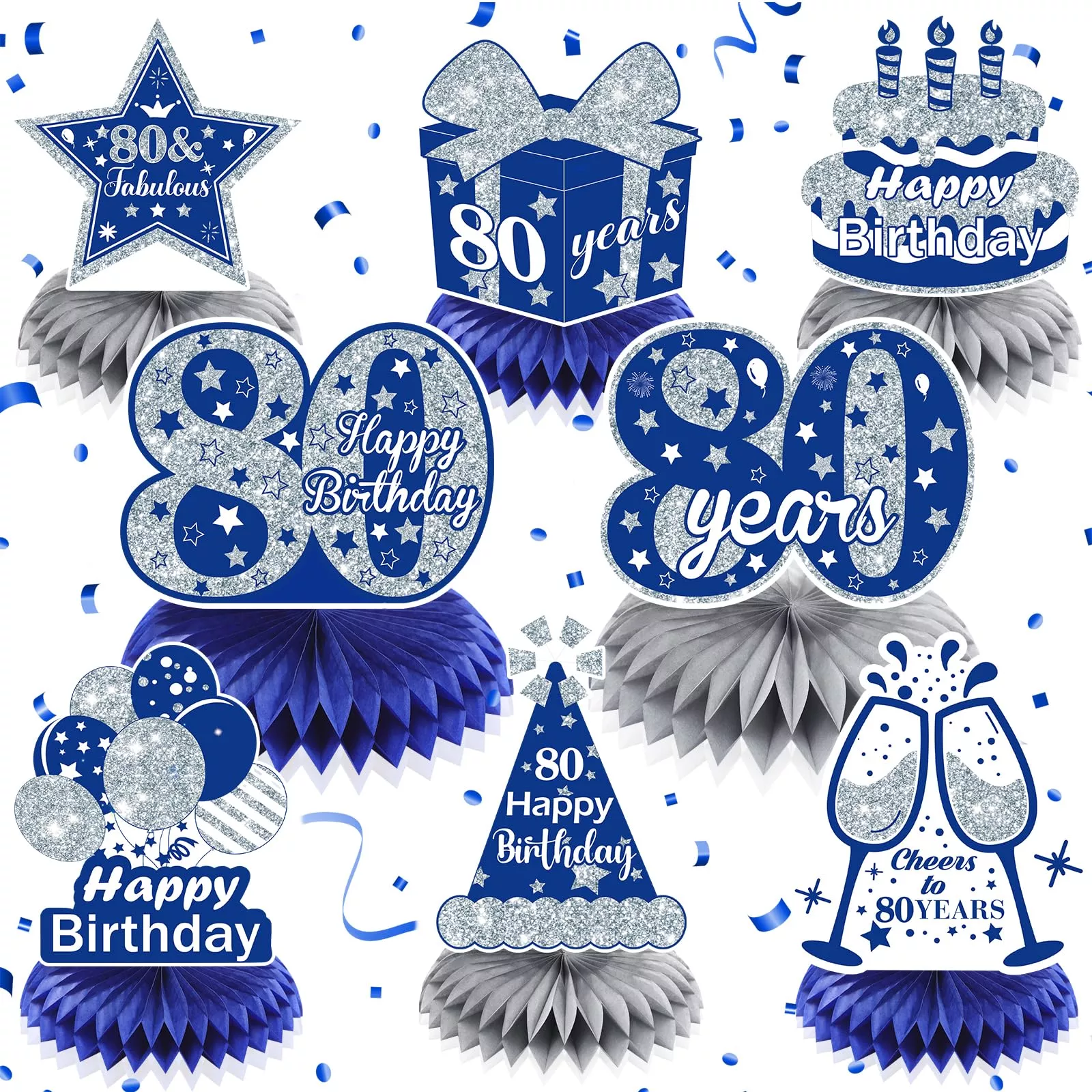 RUMIA 8Pcs Navy Blue & Silver 80th Birthday Table Honeycomb Centerpiec