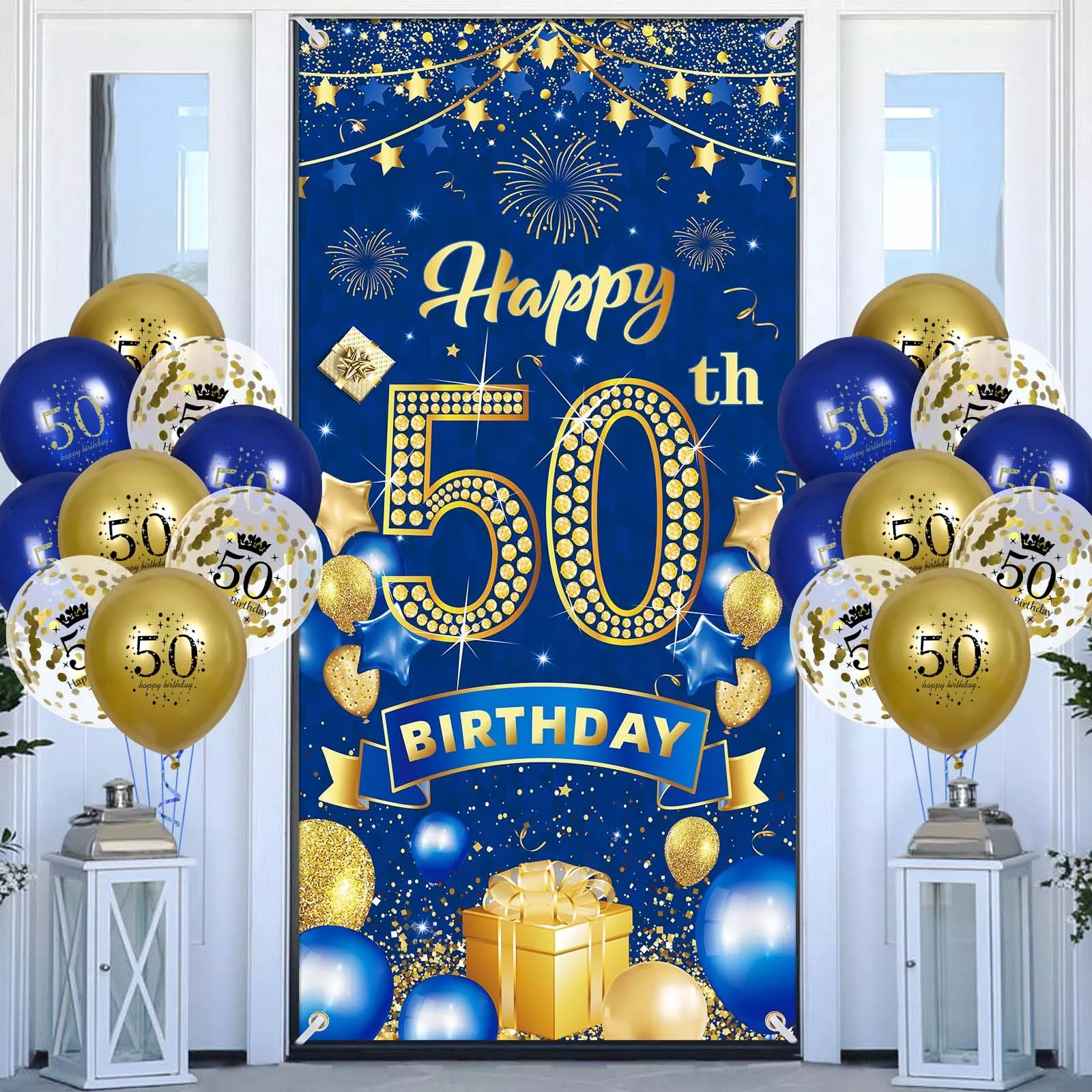 Rumia Birthday Banner and Balloons Set, 50th, Blue Gold, 19pcs