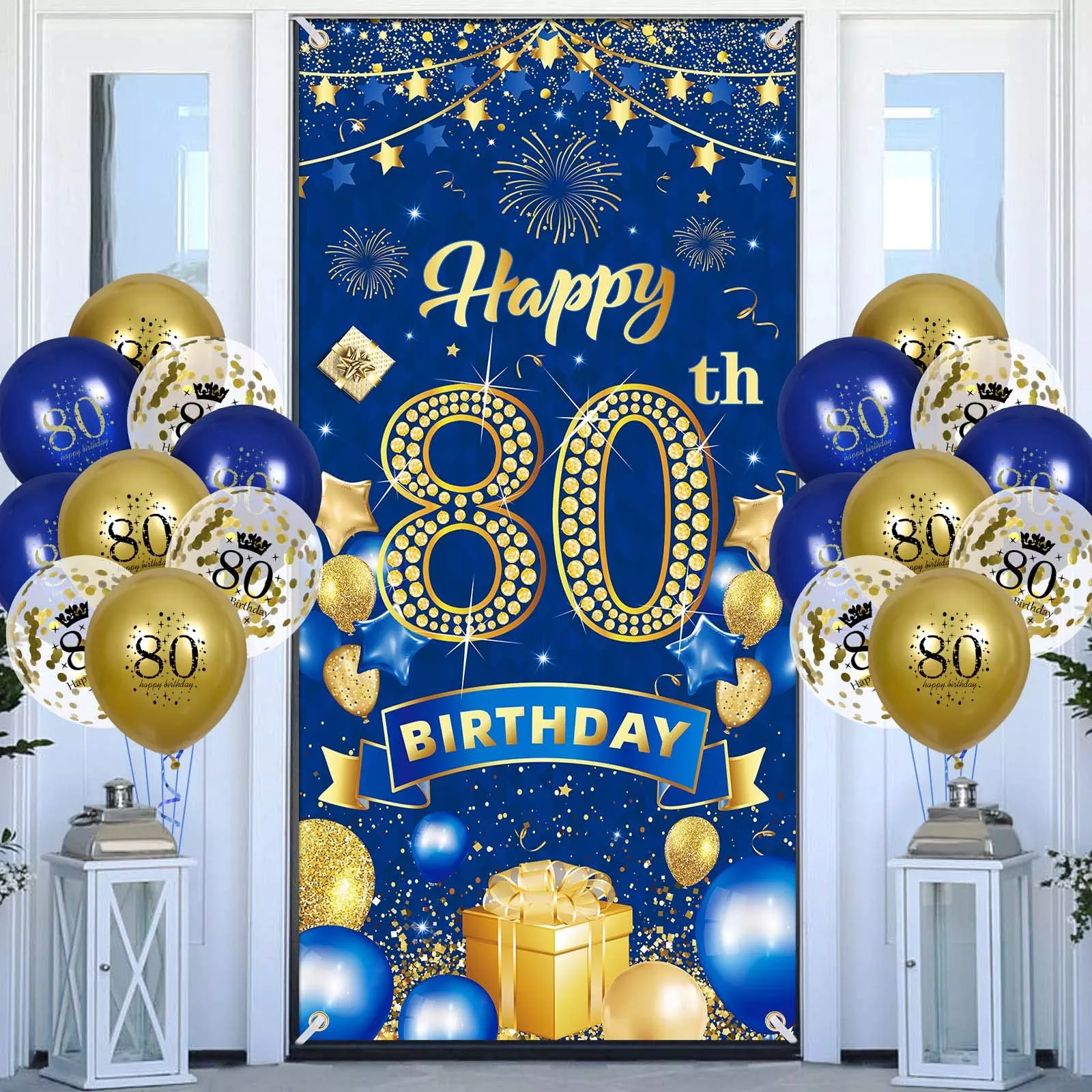 Rumia Birthday Banner and Balloons Set, 80th, Blue Gold, 19pcs