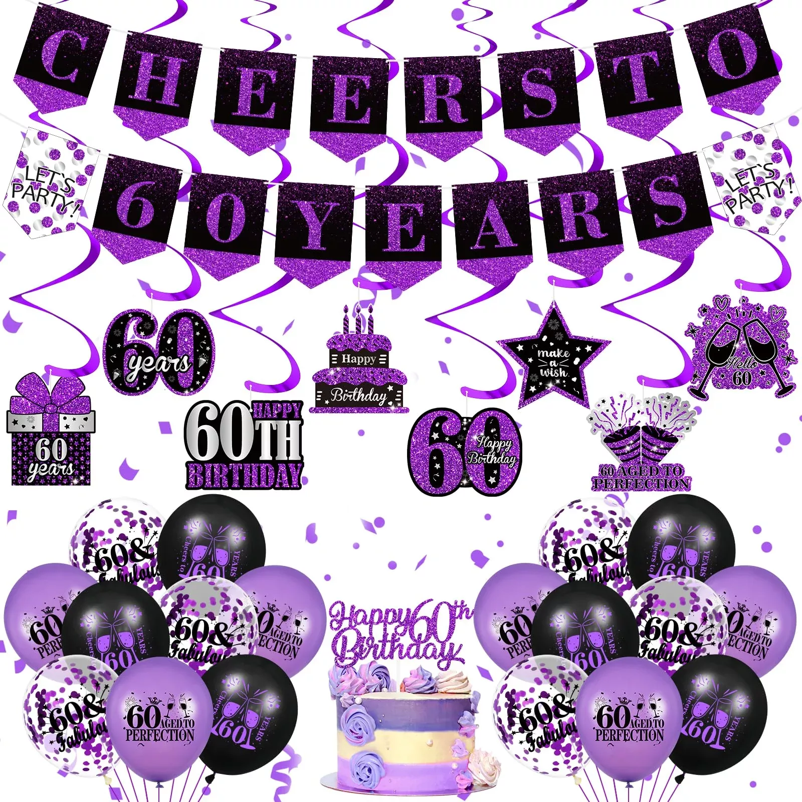 RUMIA Purple Black 60th Birthday Decorations Set with Banner and Balloons