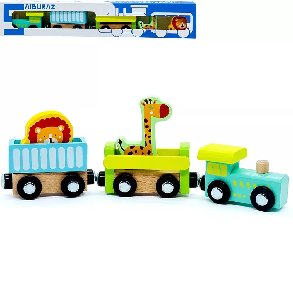 SAIBURAZ Wooden Train Set - 3pcs Small, Colorful Carriages, Animals