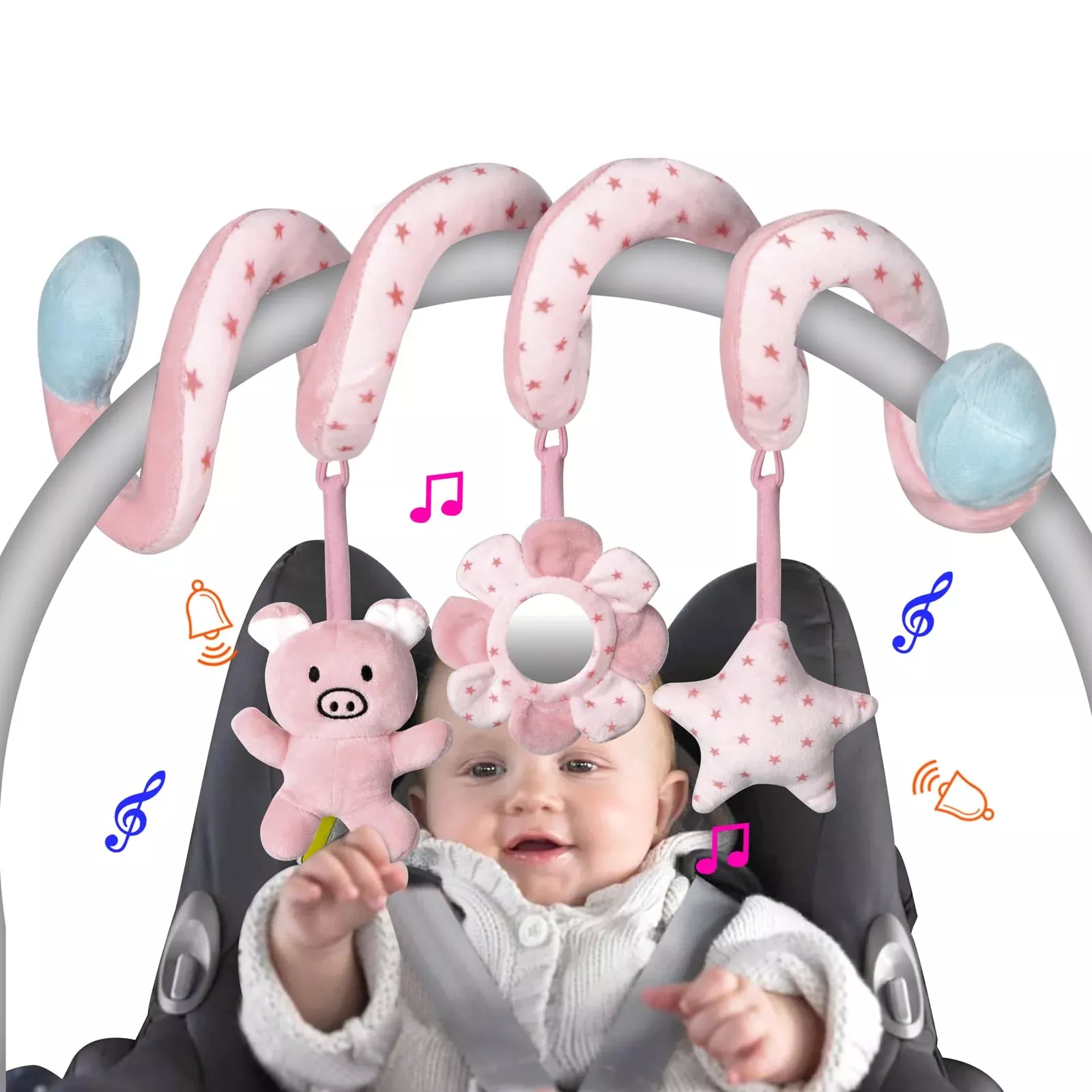 SAMMAS Baby Car Seat Toys - Pink Pig, Medium, Educational Plush Set