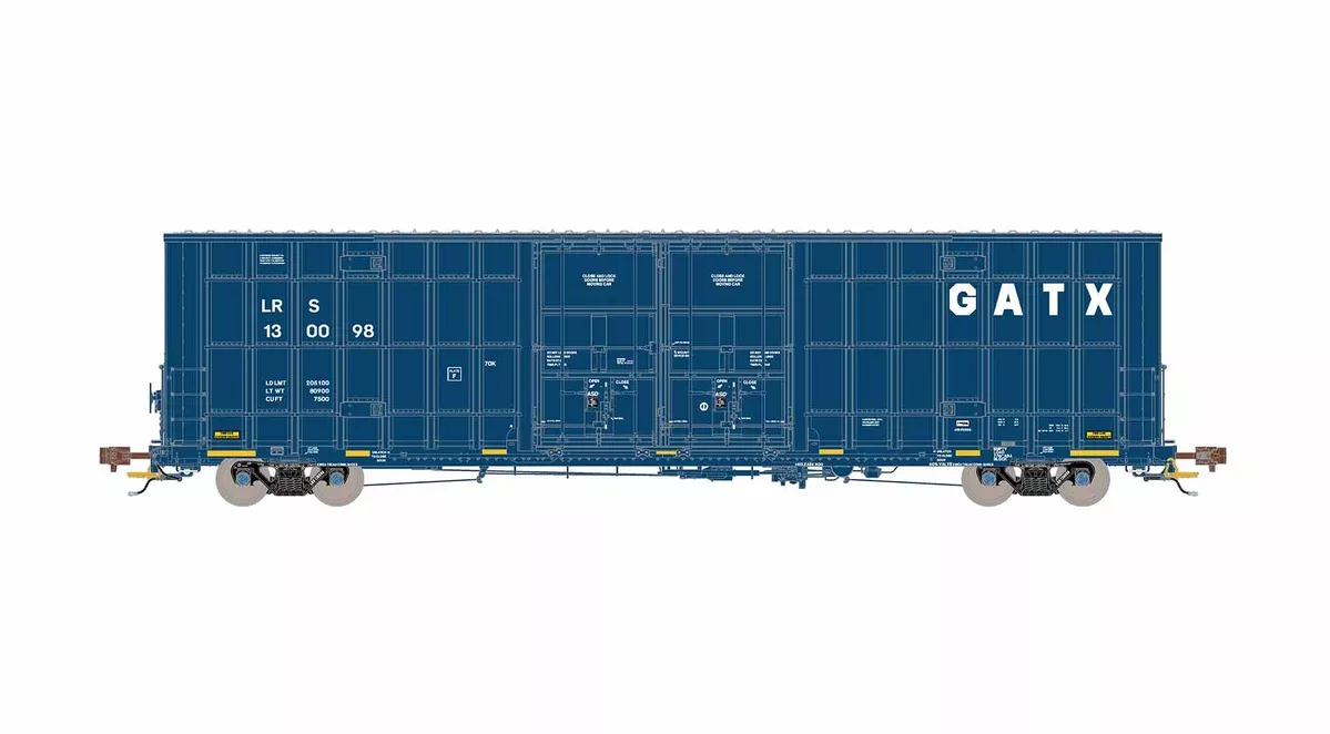 ScaleTrains Rivet 41009 HO Scale Trinity 60' 7500 12' Plug-Door High-Cube Boxcar GATX LRS 130141 (English Door Data with Conspicuity Stripes)