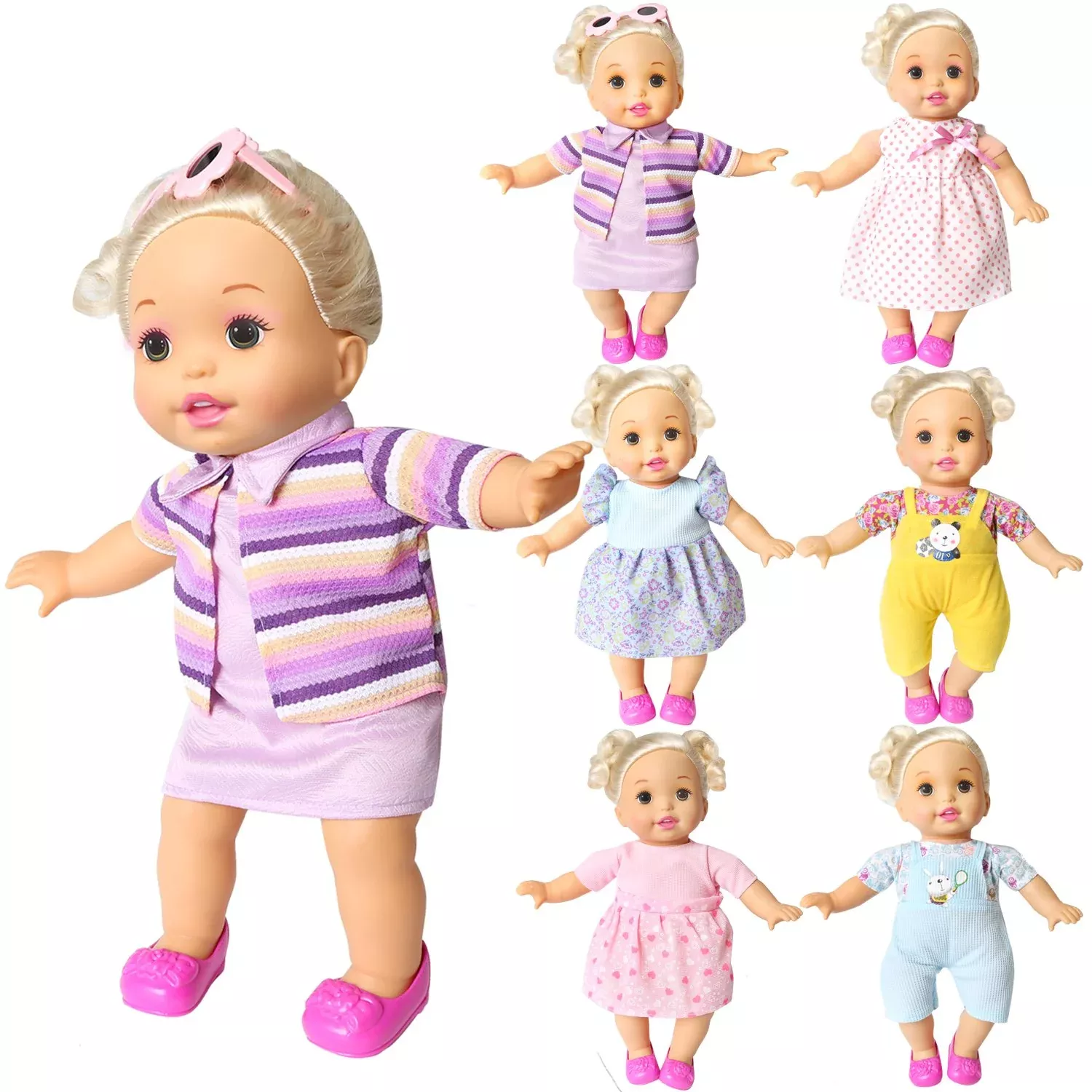 Set of 6 Doll Outfits for 12-16 Inch Dolls, Assorted Colors