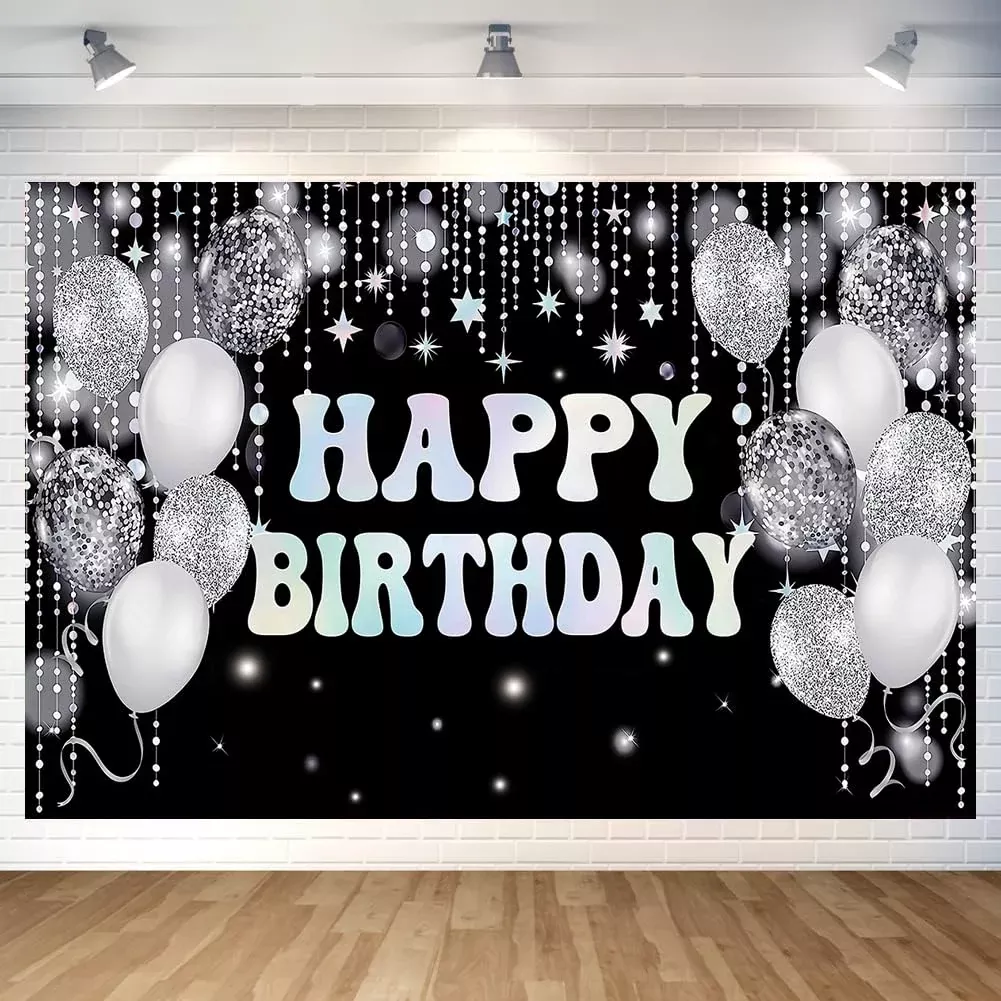 Silver Black Birthday Paty Backdrop Silver Black Happy Birthday Banner