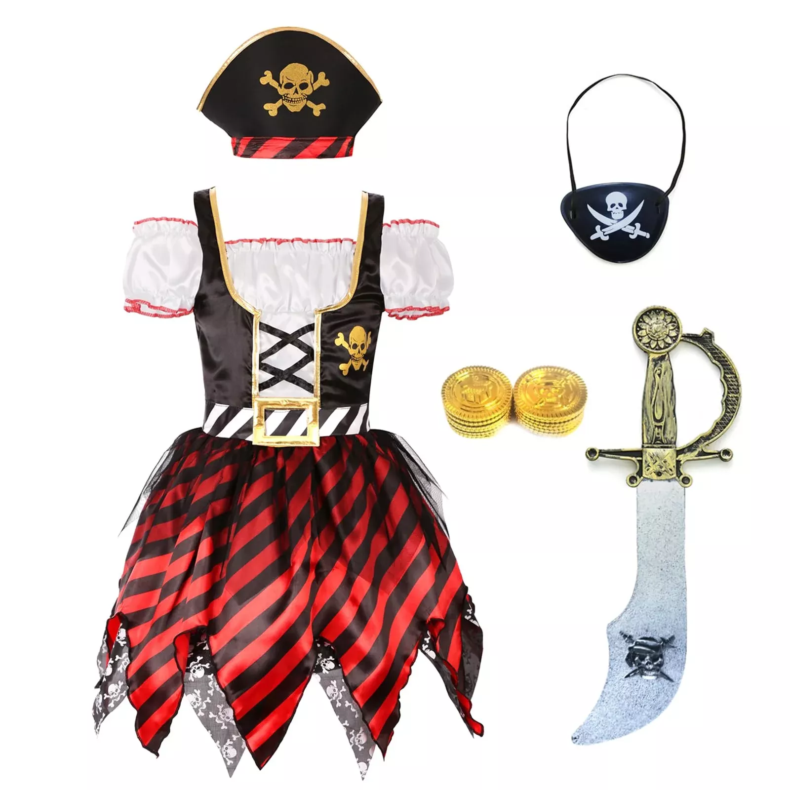 Simplecc Girls Pirate Costume Set, Red, Size 3-4 Years