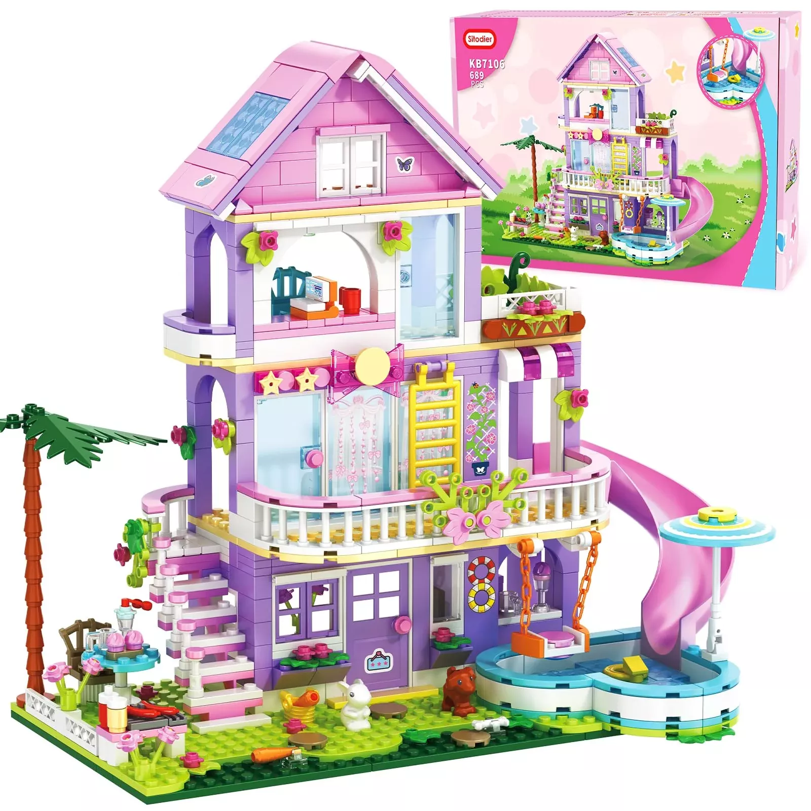 Sitodier Building Toy Set - 689pcs Garden Villa House, Plastic Blocks