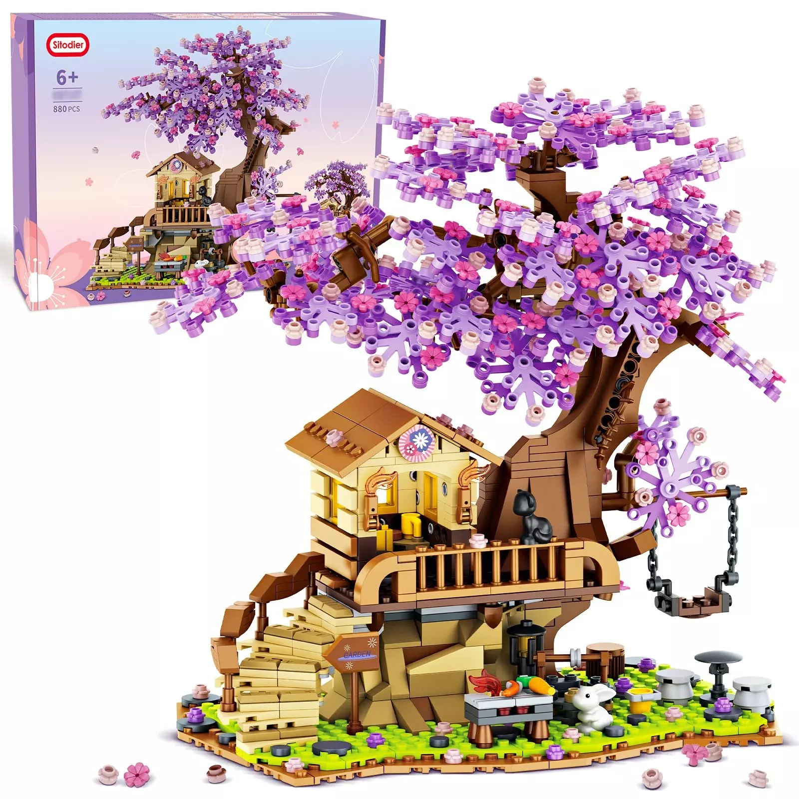 Sitodier Cherry Blossom Tree House Building Toy, 880pcs, LED Light, Pl