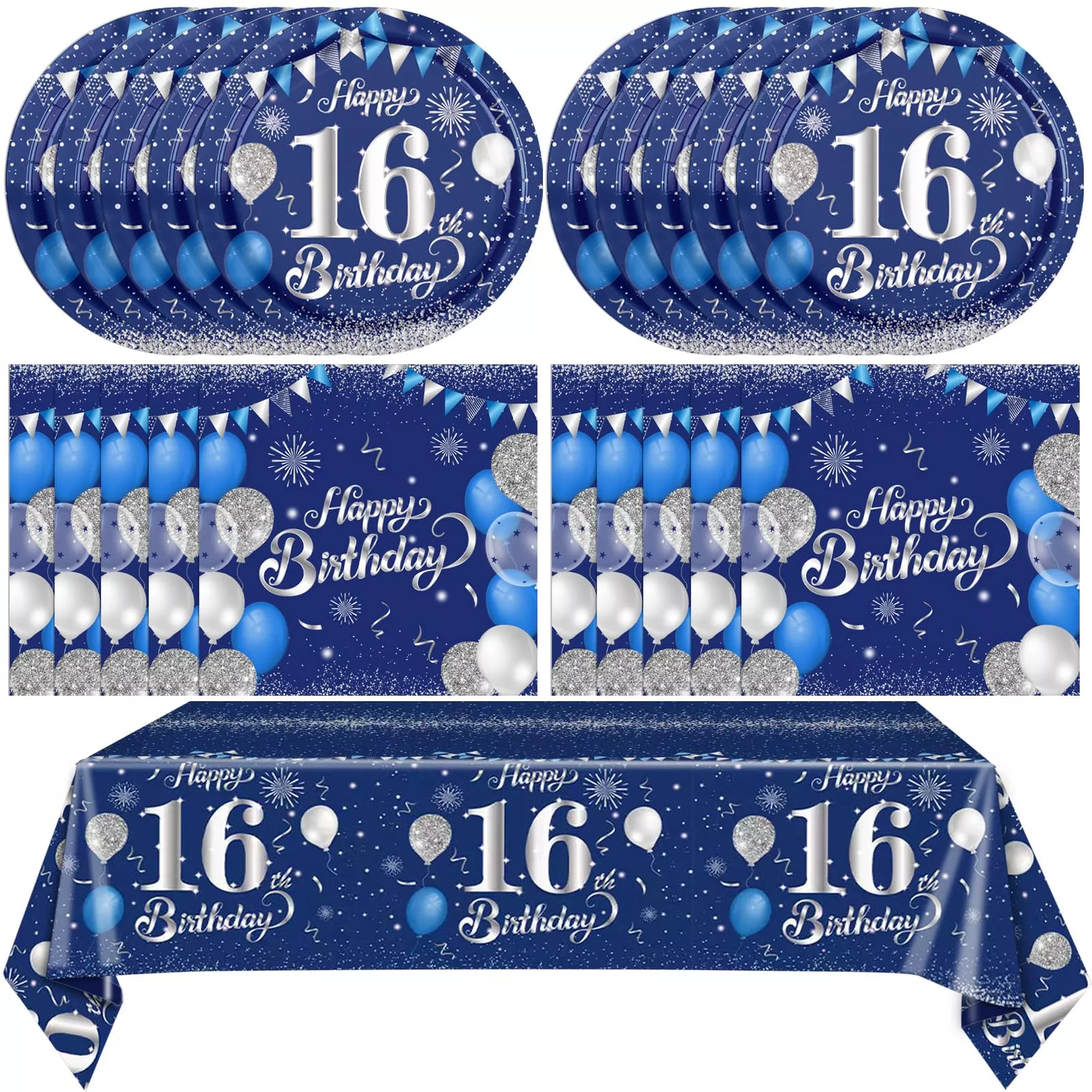 SNIMICS 16th Birthday Party Decorations, Blue & Silver, 20 Plates & Nap
